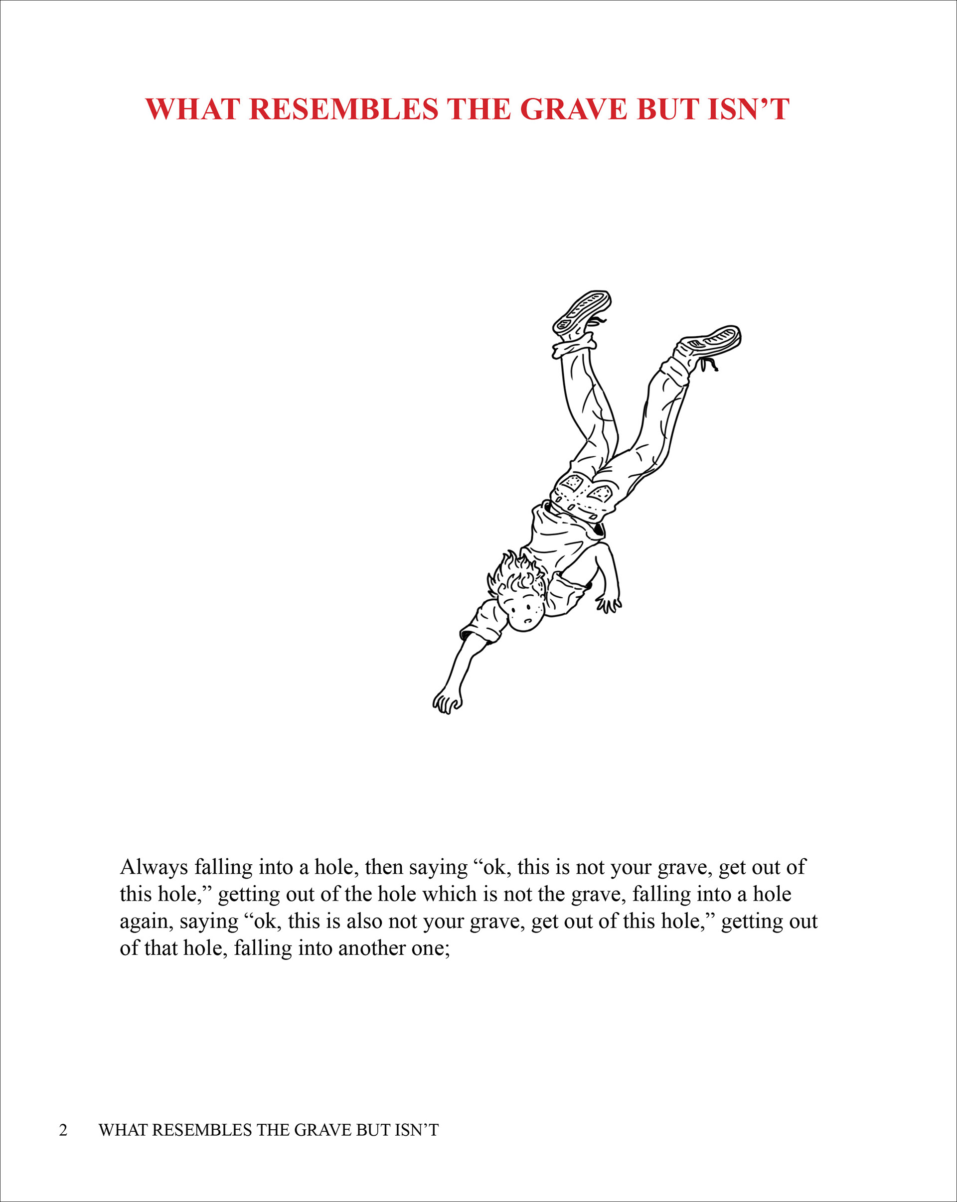 One page from the book, titled "What Resembles The Grave But Isn't". Below the title is a stylised cartoonish drawing of a person falling.