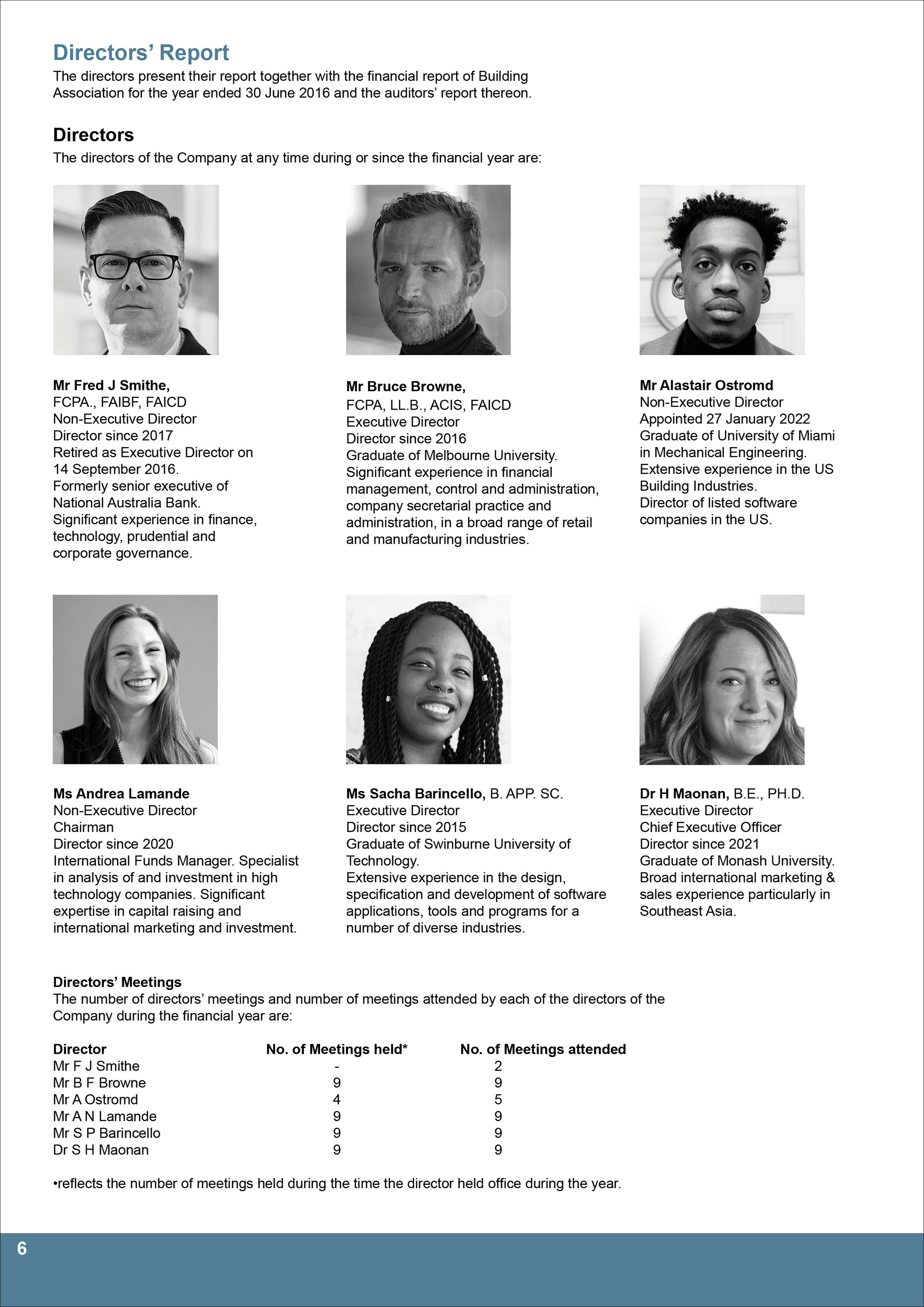 Directors report page with greyscale images of all directors.