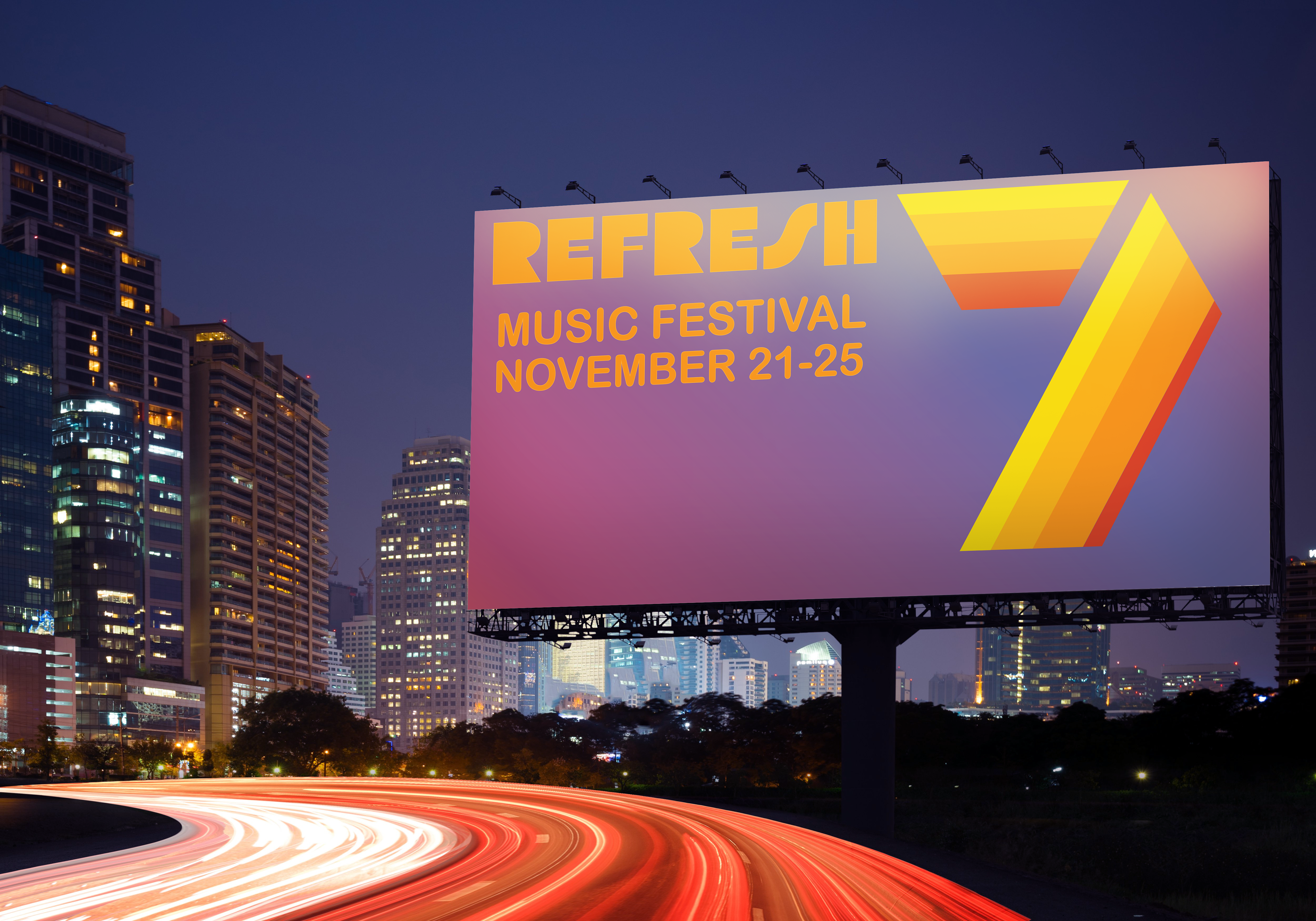 The logo, text and gradient background on a billboard mockup. The mockup features a city at night with blurred timelapse lines of cars passing by.