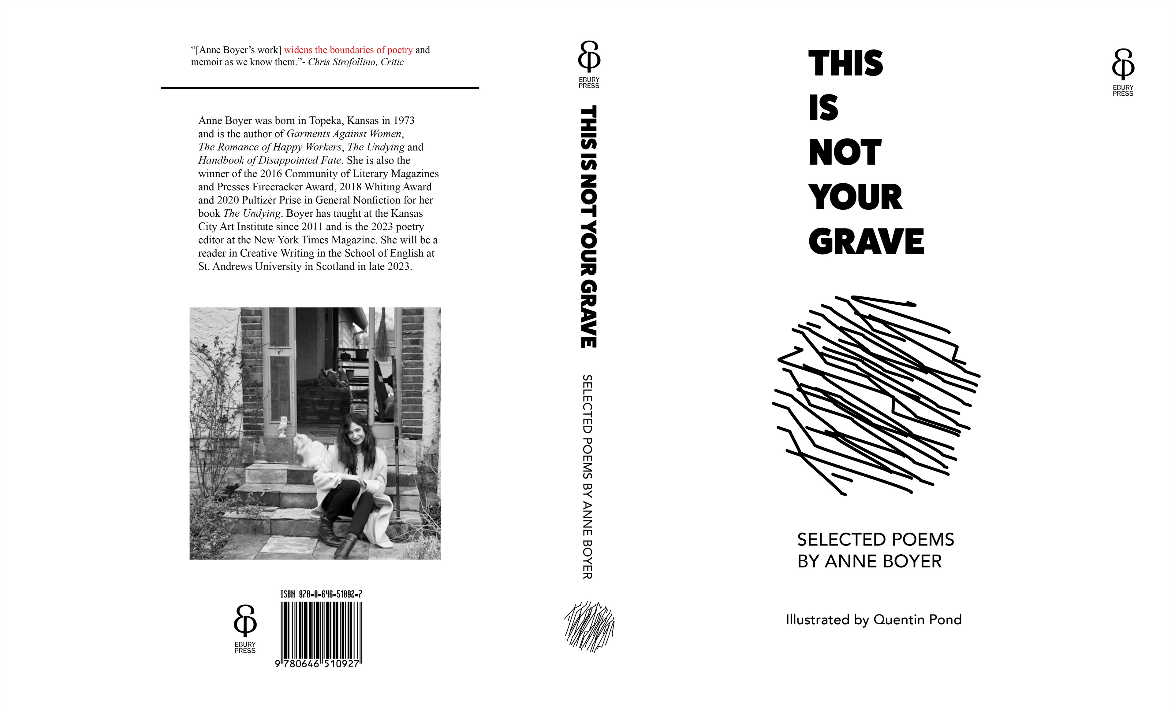 Front and back cover spread of a poetry illustration book titled "This Is Not Your Grave" with selected poems by Anne Boyer, illustrated by Quentin Pond.