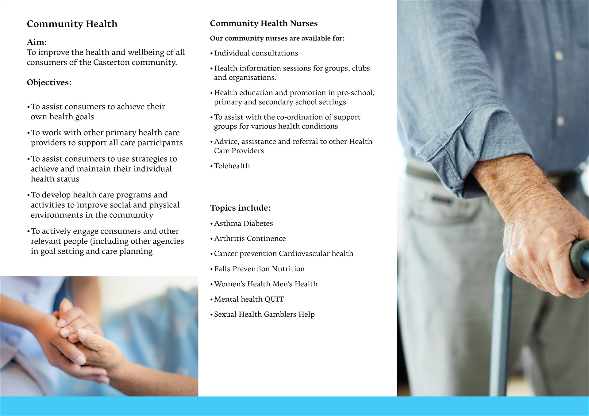 Back side of the CMH community health services brochure, with full colour images of a patient using a walker and a nurse comforting a patient, along with information about their services.