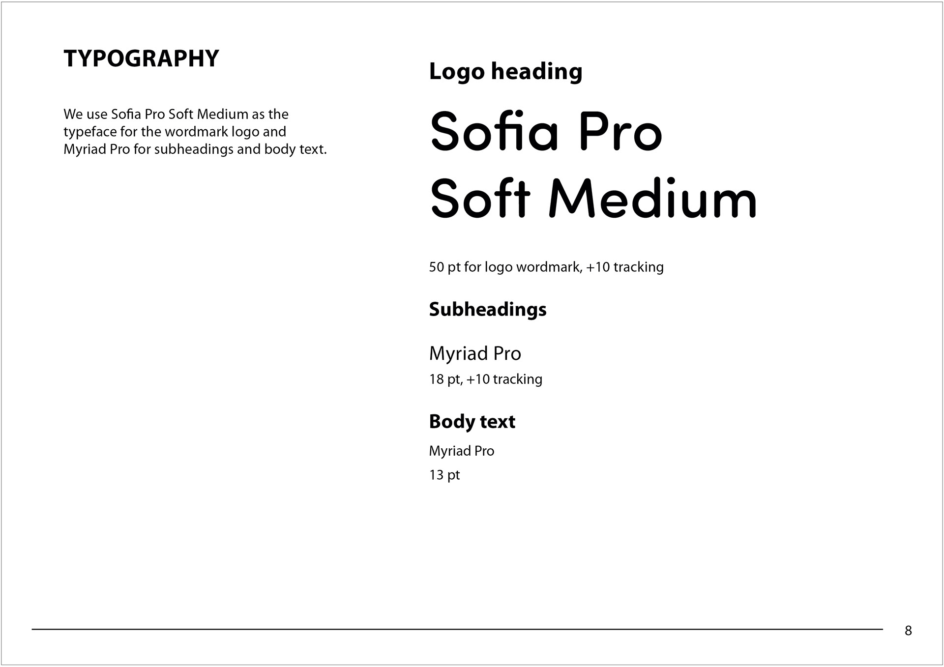 Typography page from the style guide listing the specified font, pt size, tracking for headings, subheadings and body text.