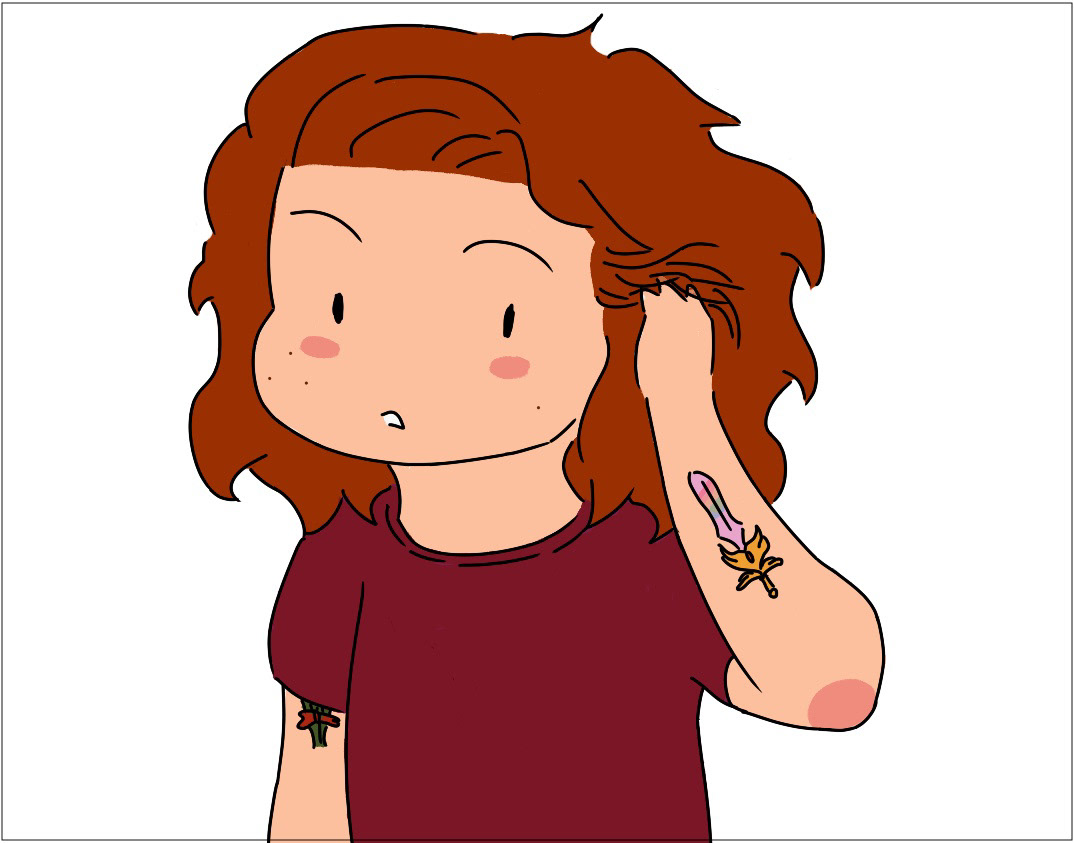 A drawing of the artist running his fingers through his long curly red hair, his rainbow sword tattoo visible on his arm.