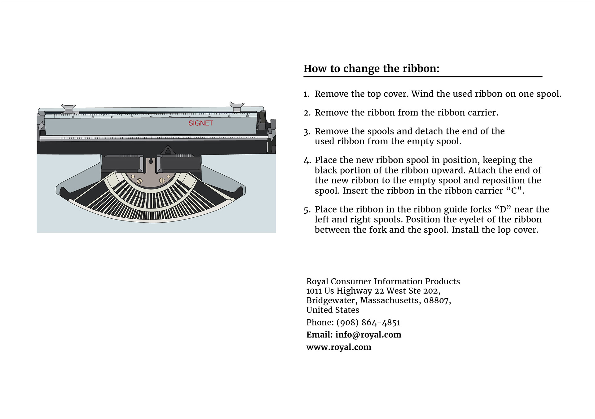Inner page of the typewriter manual with a close up of the full colour typewriter rendering and instructions on changing the typewriter ribbon.