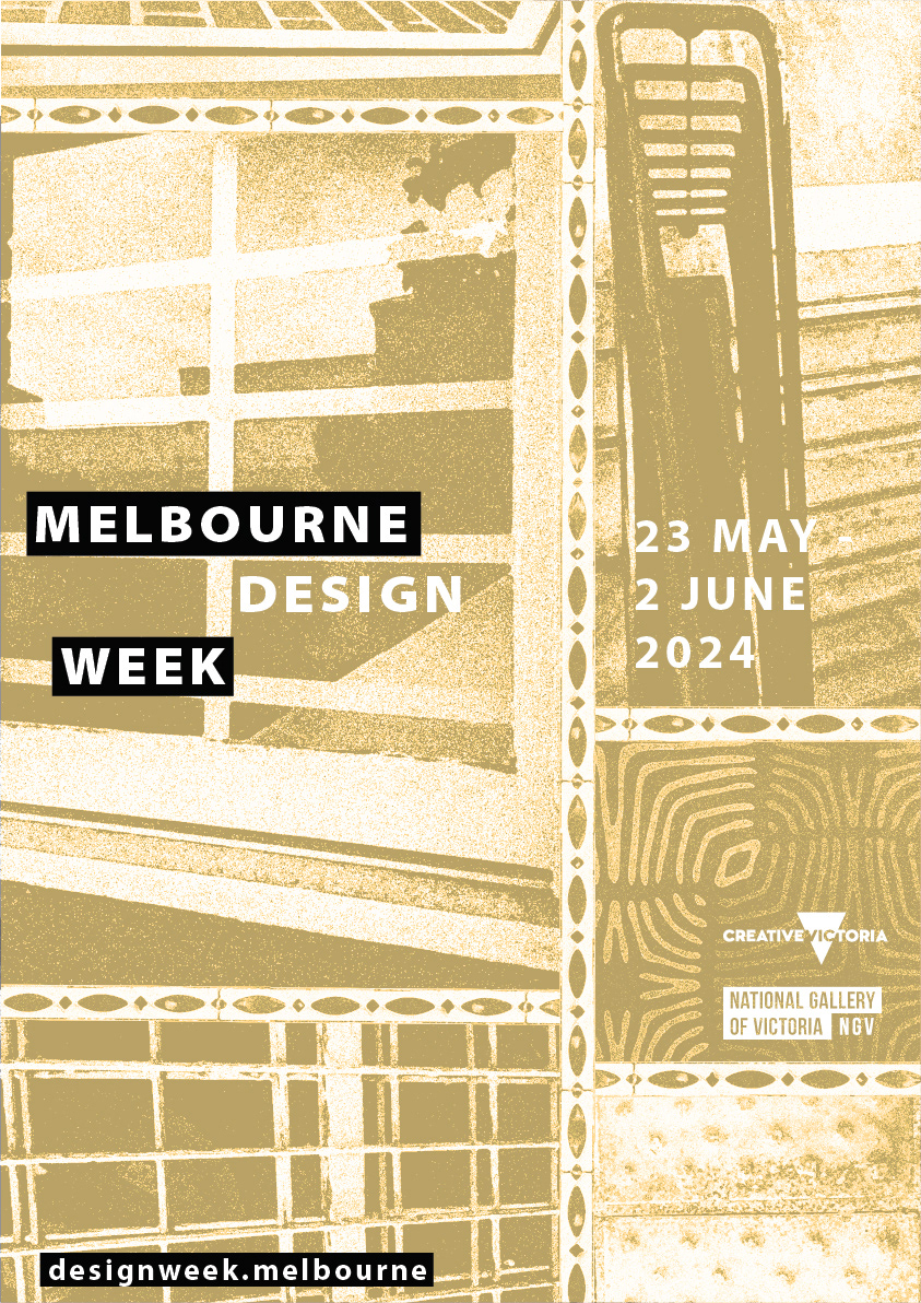 Melbourne Design Week poster 2. A collection of cropped and rotated images of various things like windows, stairwell, wire gate and tactile paths are arranged like a scrapbook with a repeating tile pattern bordering each image and has a light yellow overlay and retro riso effect applied.