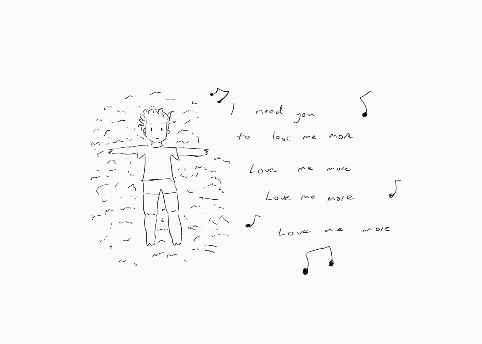 A quick sketchy drawing of the artist lying on the carpet floor, with lyrics from one of Mitski's new songs and some music notes next to them.