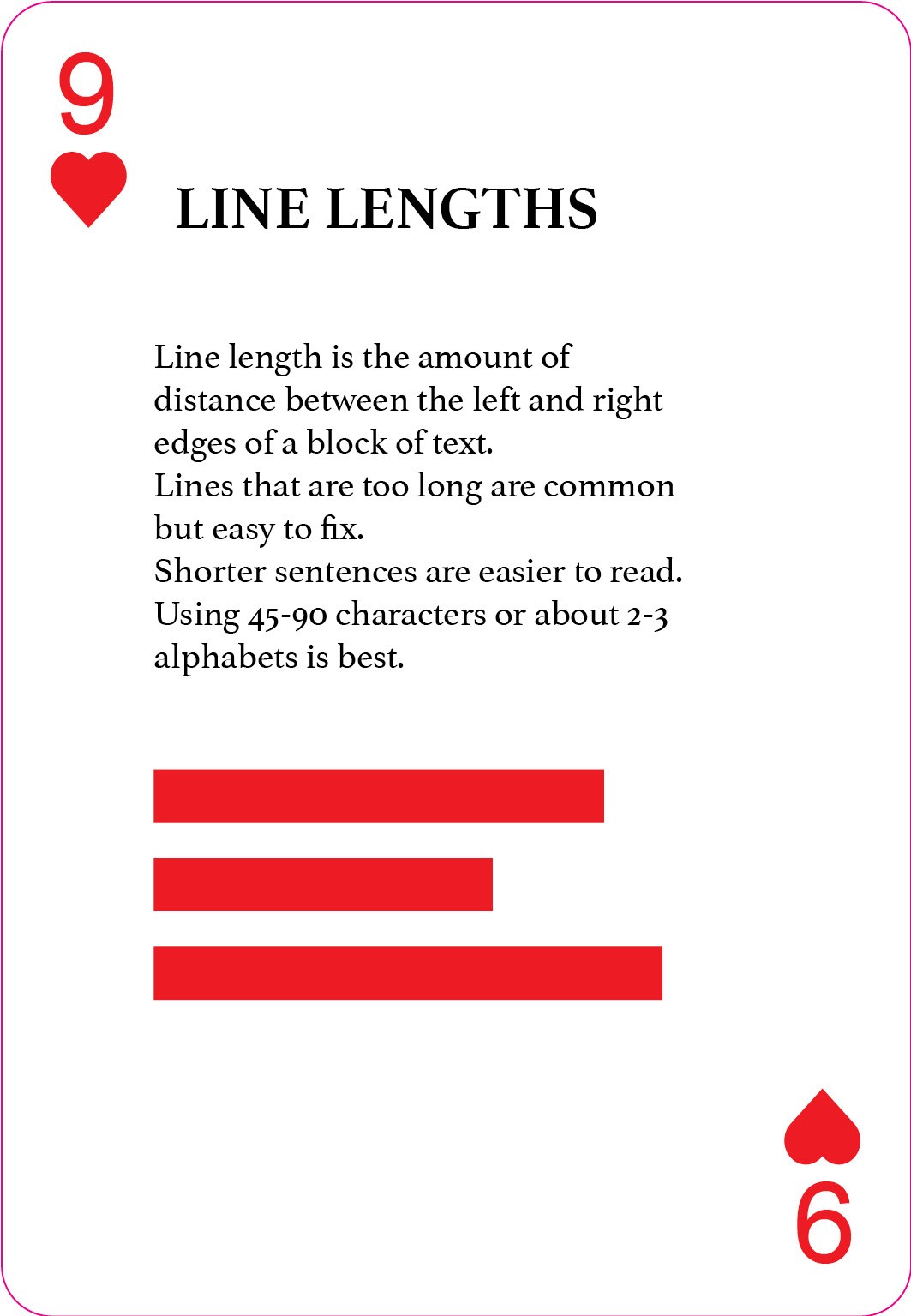 Line lengths card. Several thick red lines of various lengths illustrate line lengths.