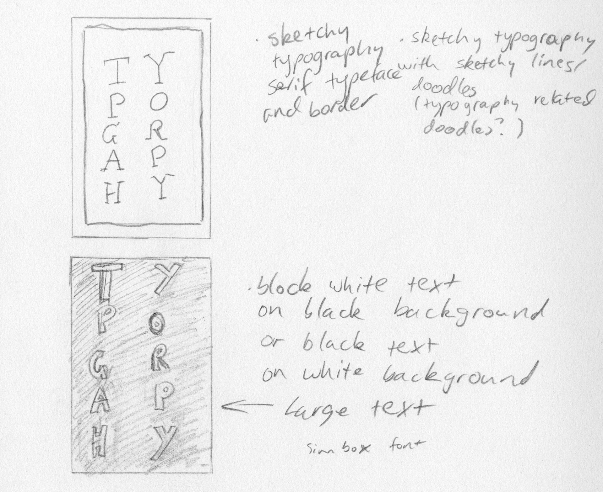 Pencil sketches of different designs for the card backs with one having thin sketchy serif typography on a white background, and the other using large bold typography on a dark background.