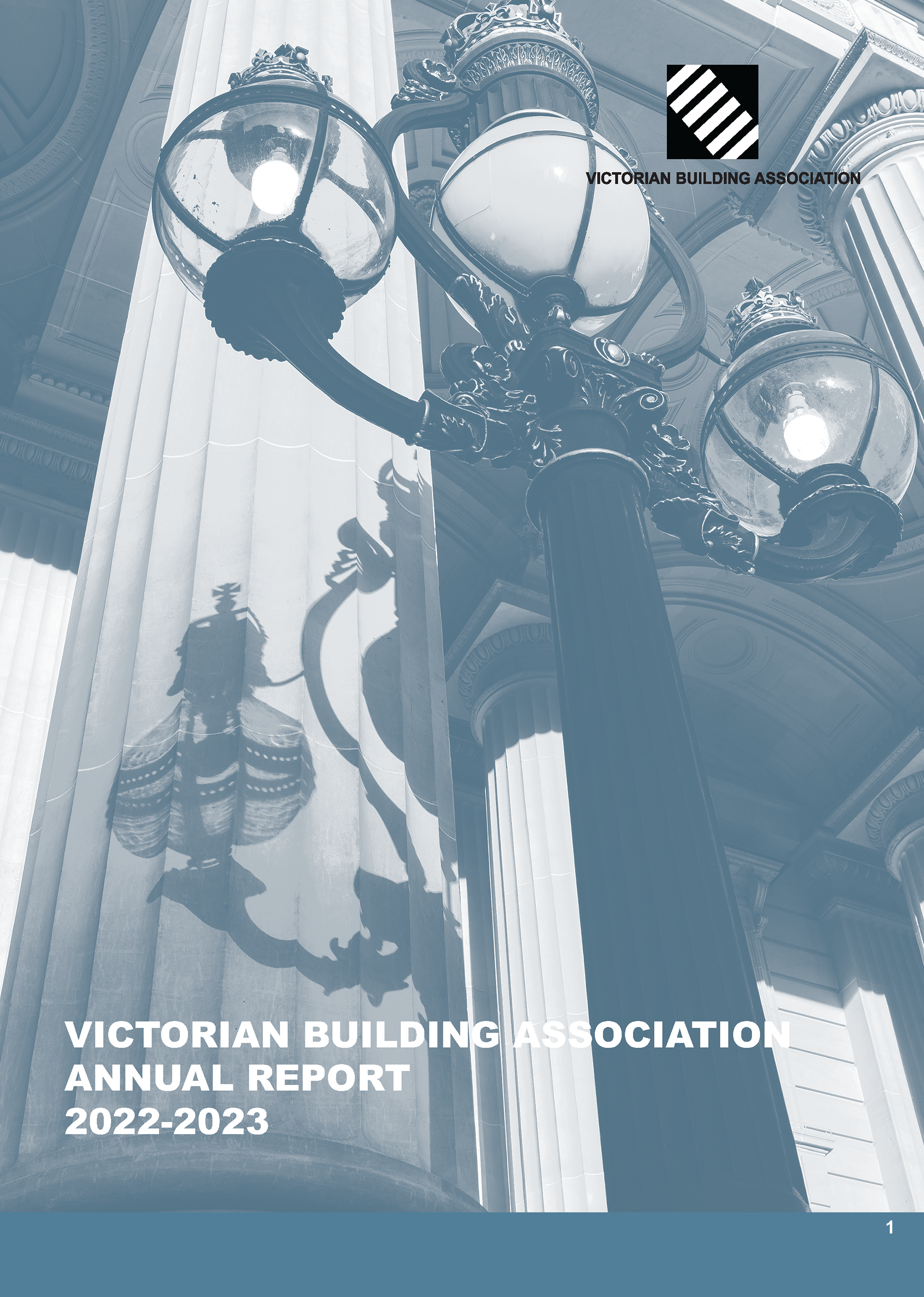 Front cover of the annual report with custom made logo and blue and grey duotone image.