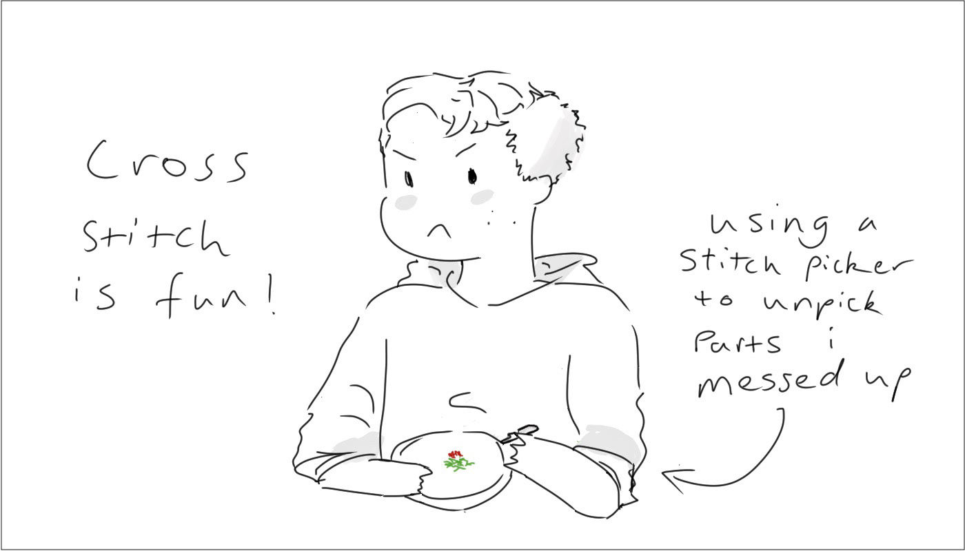 The artist not enjoying cross stitching and having to undo and redo parts after making mistakes