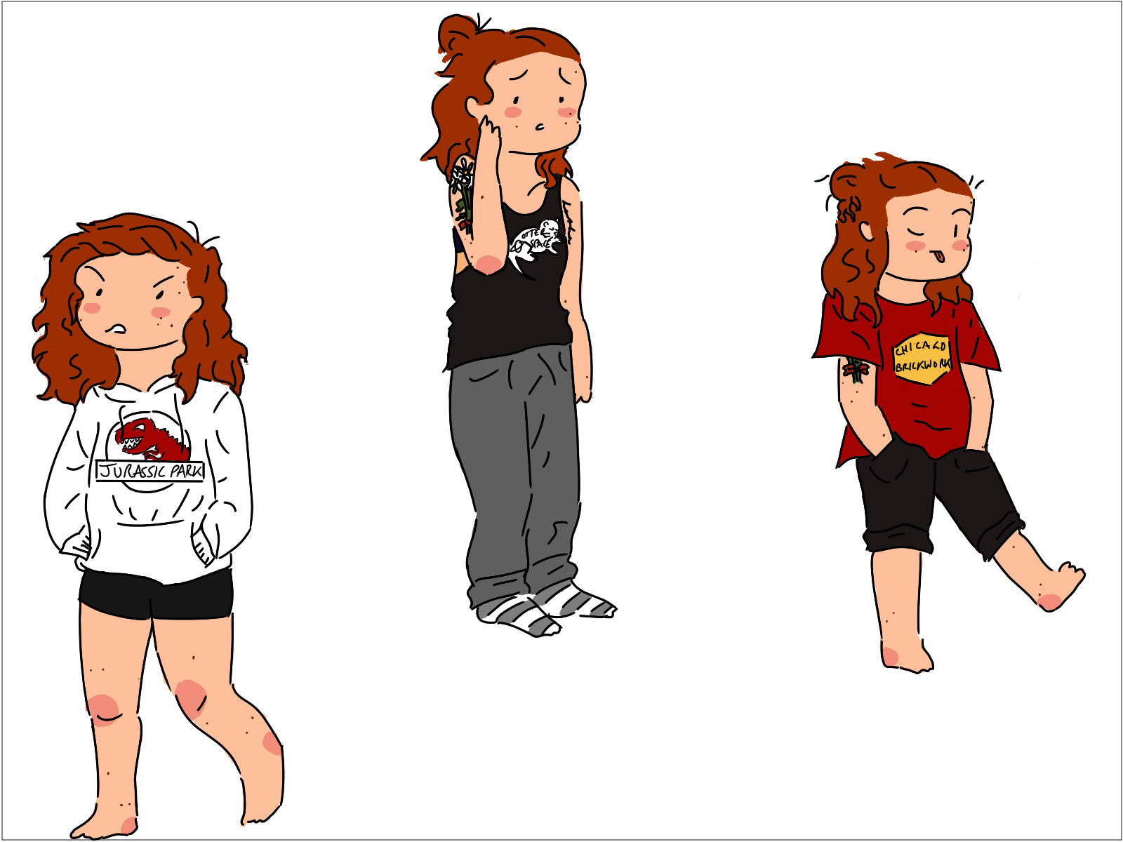 The artist wearing various outfits: Jurassic Park hoodie and shorts, red t shirt with a Chicago Brickworks logo and knee length black shorts, and tank top with an otter and stars and text reading Otter Space and a pair of grey track pants and grey and white stripy socks. His long curly hair is fully down or half up/down for different sketches.