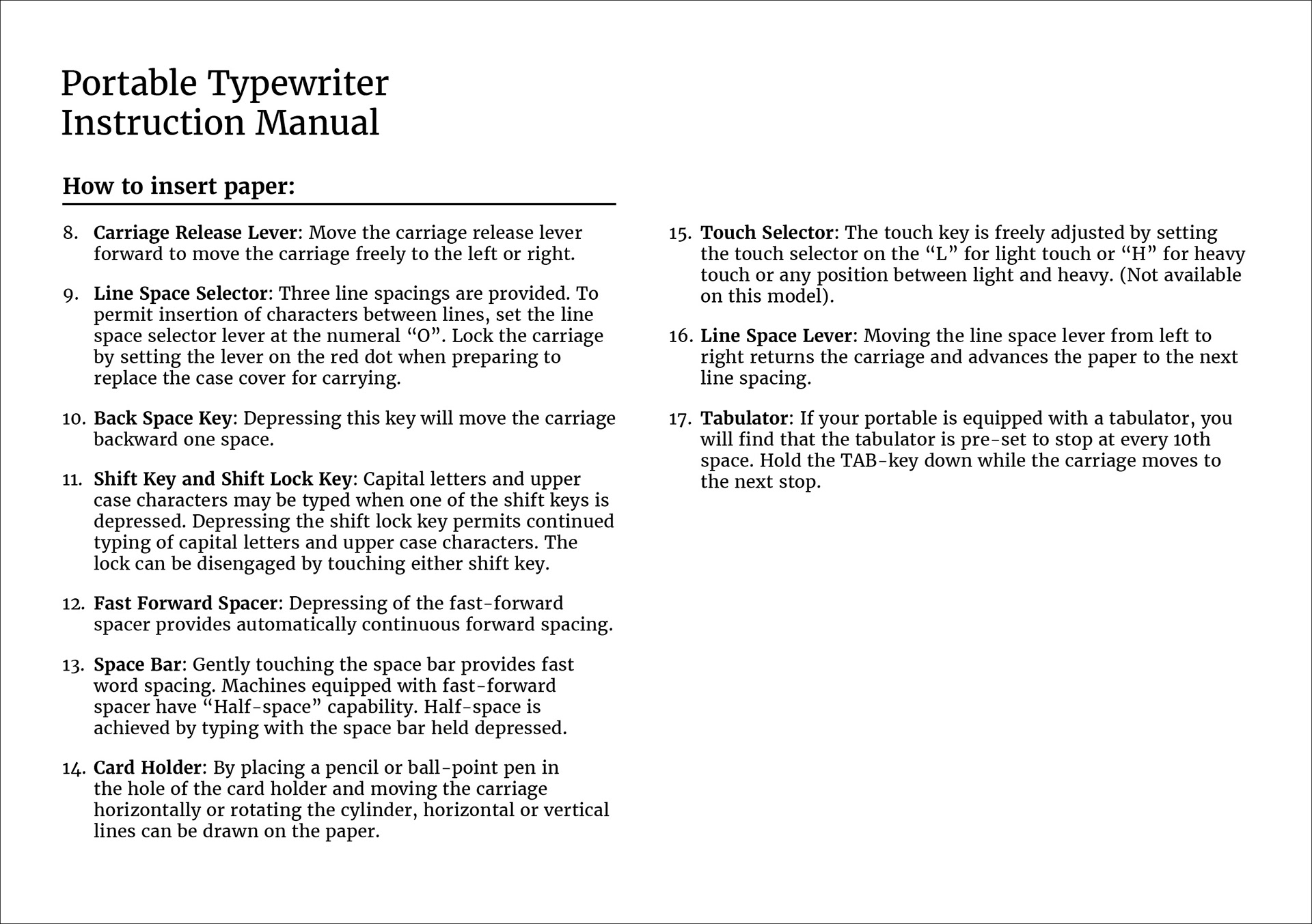 Inner page of the typewriter manual with further instructions on paper insertion.