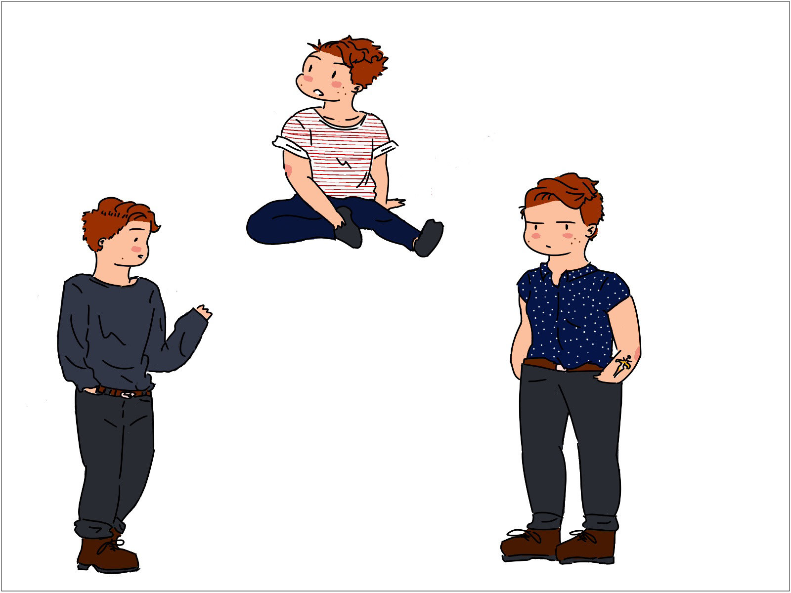 The artist wearing various outfits and in different poses: red stripy shirt, blue leggings and black socks sitting on the floor with one leg stretched out; standing in a relaxed pose, one leg kicked out behind him and one arm partially raised and one hand in a pocket as if he's deep in conversation with someone and wearing a long sleeve dark grey shirt, black jeans and brown boots; standing with an annoyed expression on his face and both hands in pockets of black jeans, blue button up shirt with white star pattern and brown boots.