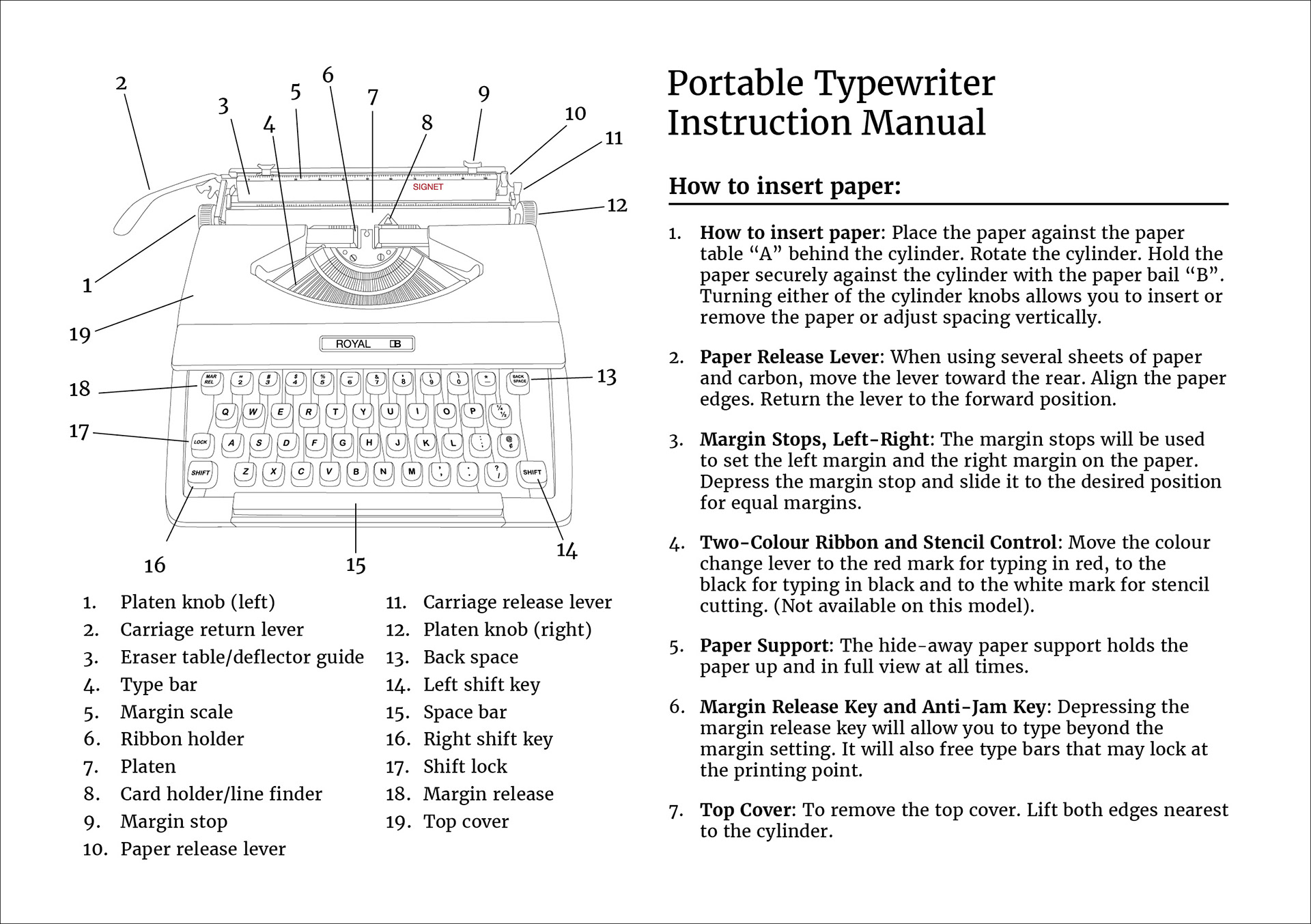 Inner page of the manual featuring typewriter paper insertion instructions and labelled diagram of the typewriter.