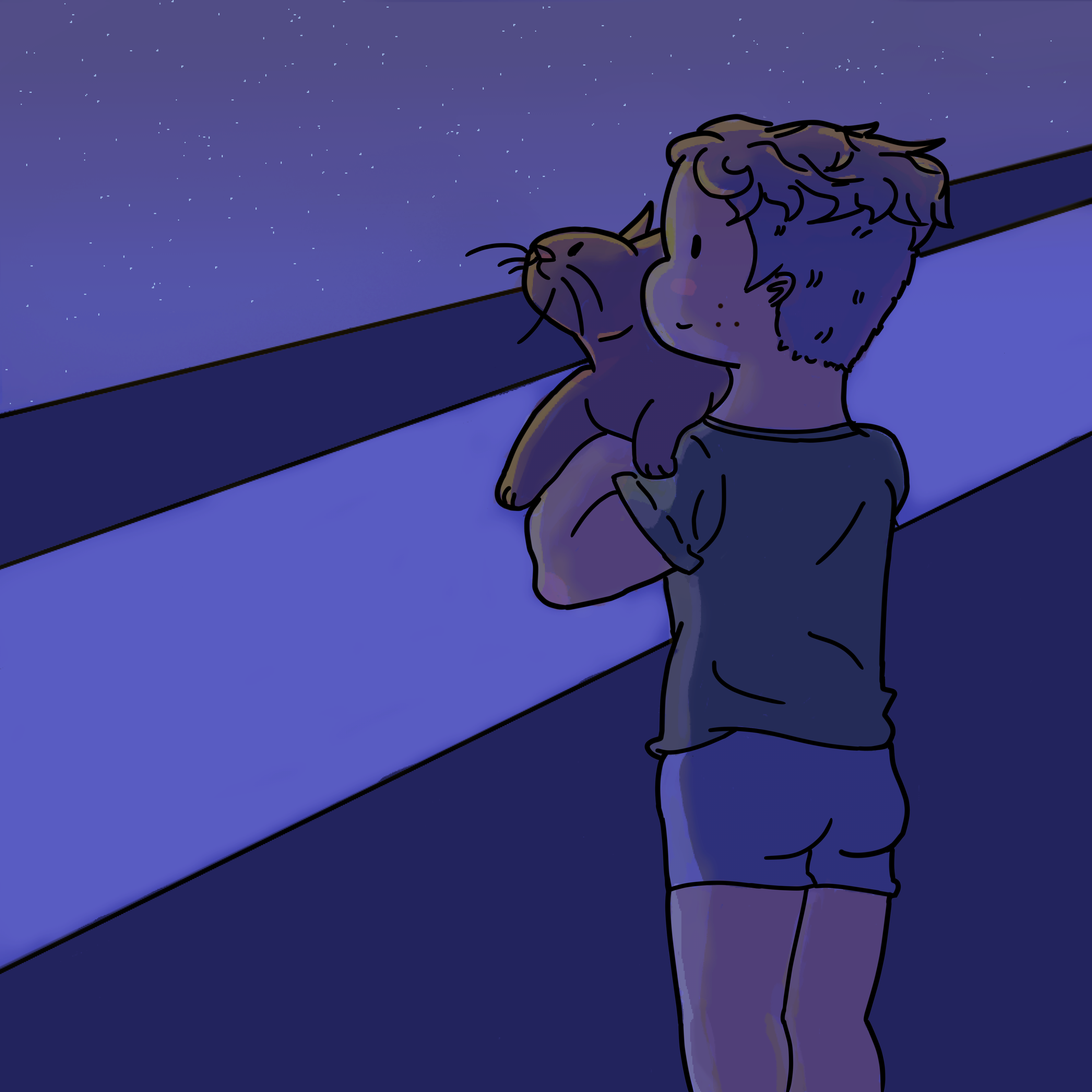 A stylised cartoonish drawing of a person standing on their balcony with an orange cat in their arms, looking out at the starry night together.