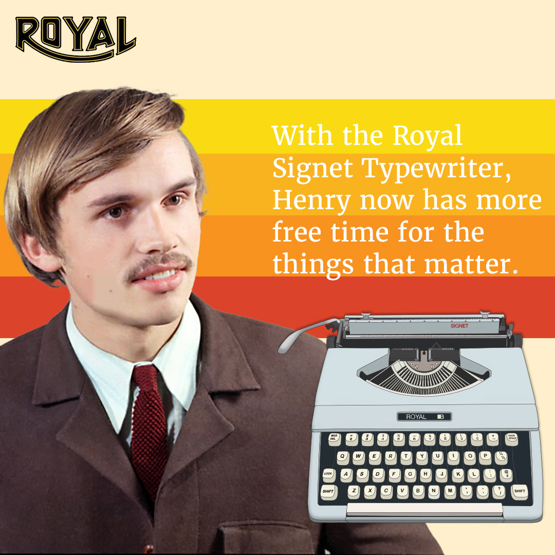 Accompanying advertisement featuring a full colour image of a man in a suit and the full colour typewriter rendering.