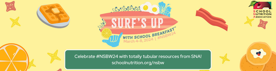 “This playful web banner brings energy to National School Breakfast Week using summer-themed colors, food illustrations, and surfer-style typography.”