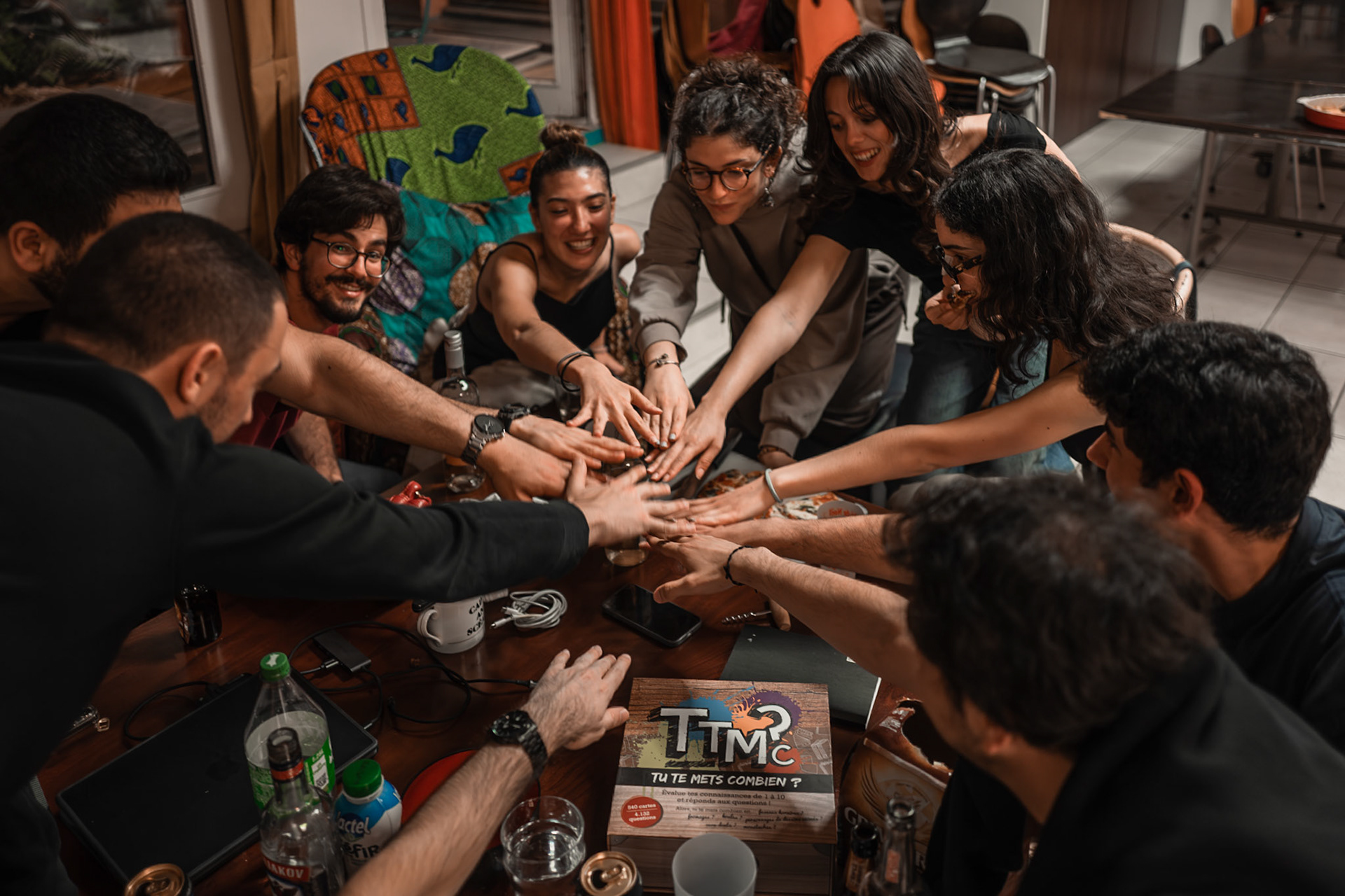 A group of friends at AEPP in Paris, half Spanish and half Lebanese, are enjoying a fun game together during the evening. Their laughter and playful interaction create a livelyatmosphere. As part of their nightly tradition, they jokingly shout “Equipo Putas” beforeheading out, adding a personal and humorous touch to their friendship.Picture taken the 2026-05-01©Aurora Ghigino