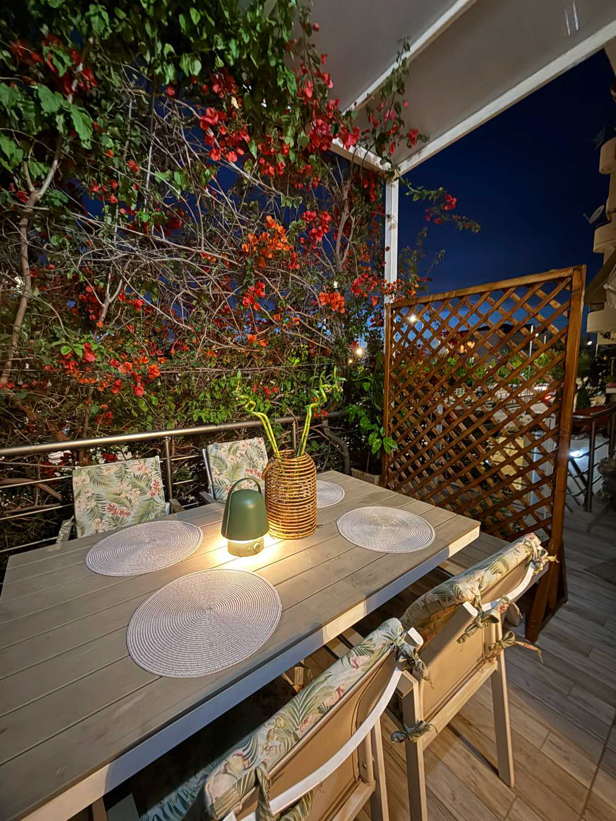 Cozy moments under the bougainvillea at Ledeza Apartment