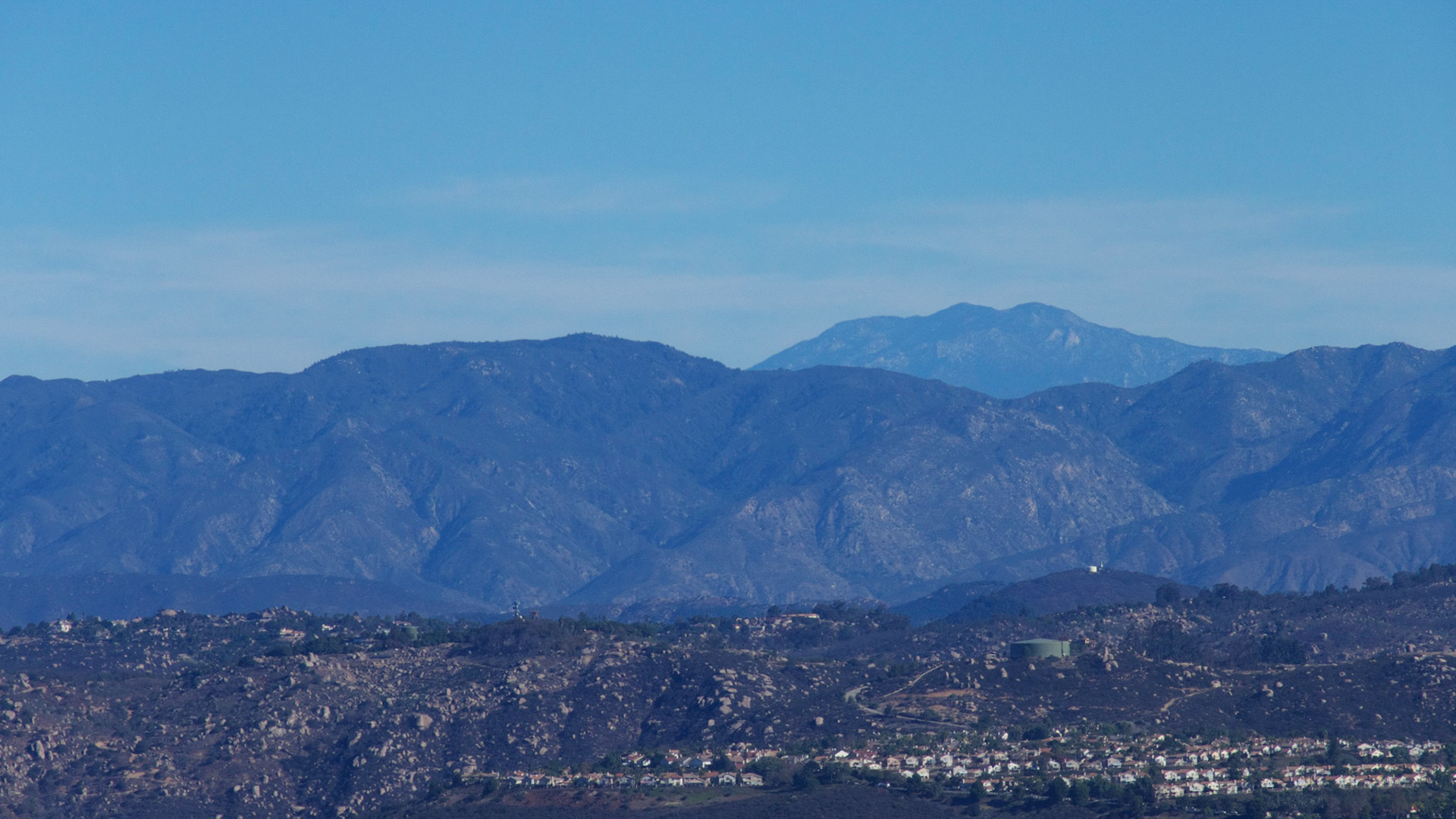 View from Double Peak Park, San Marcos, California. Looking northwest to Mt. San Jacinto, about 56 miles away.