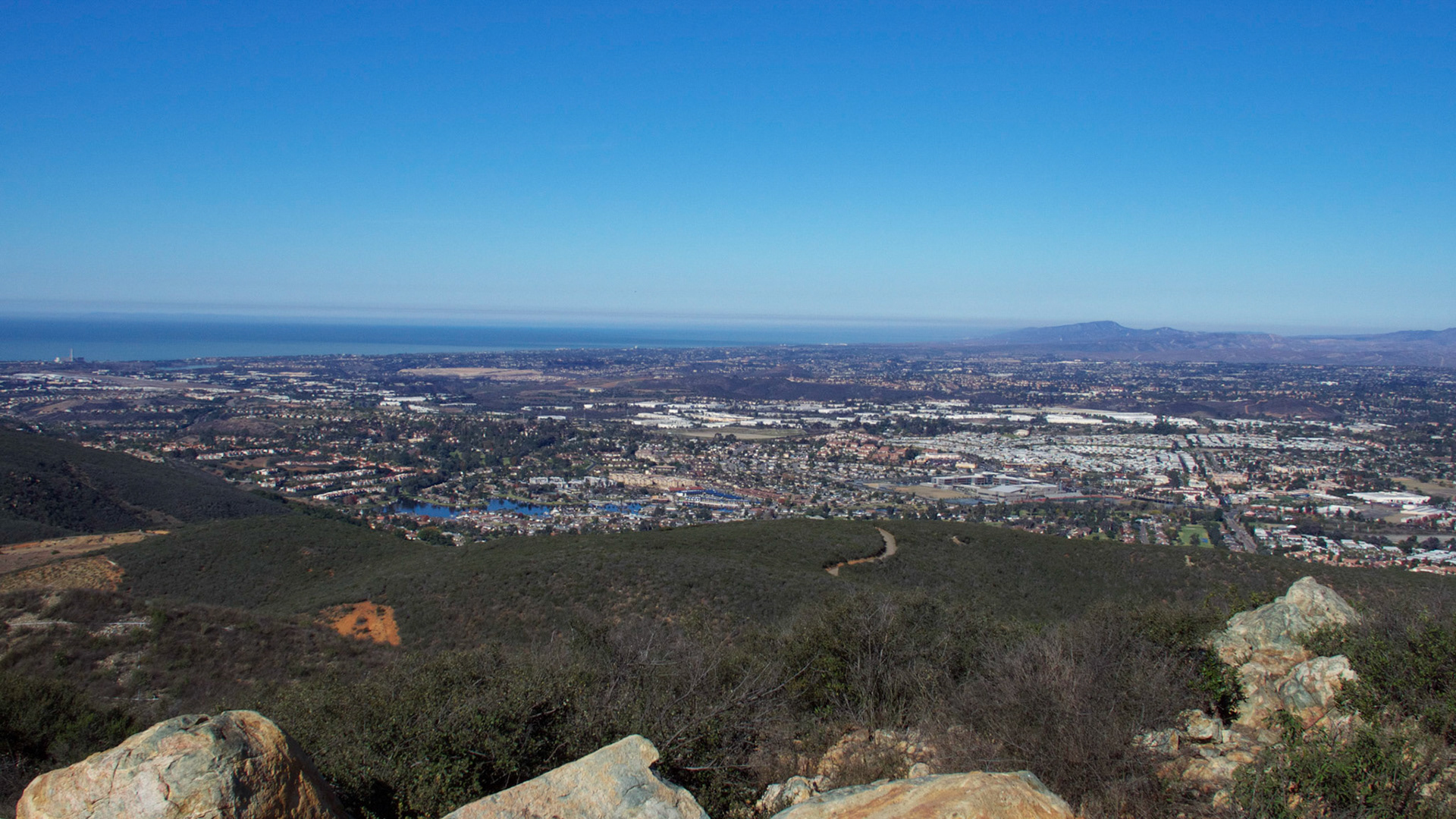 View from Double Peak Park, San Marcos, California, looking northwest over Lake San Marcos to Carlsbad, Oceanside and up the coast to Dana Point.