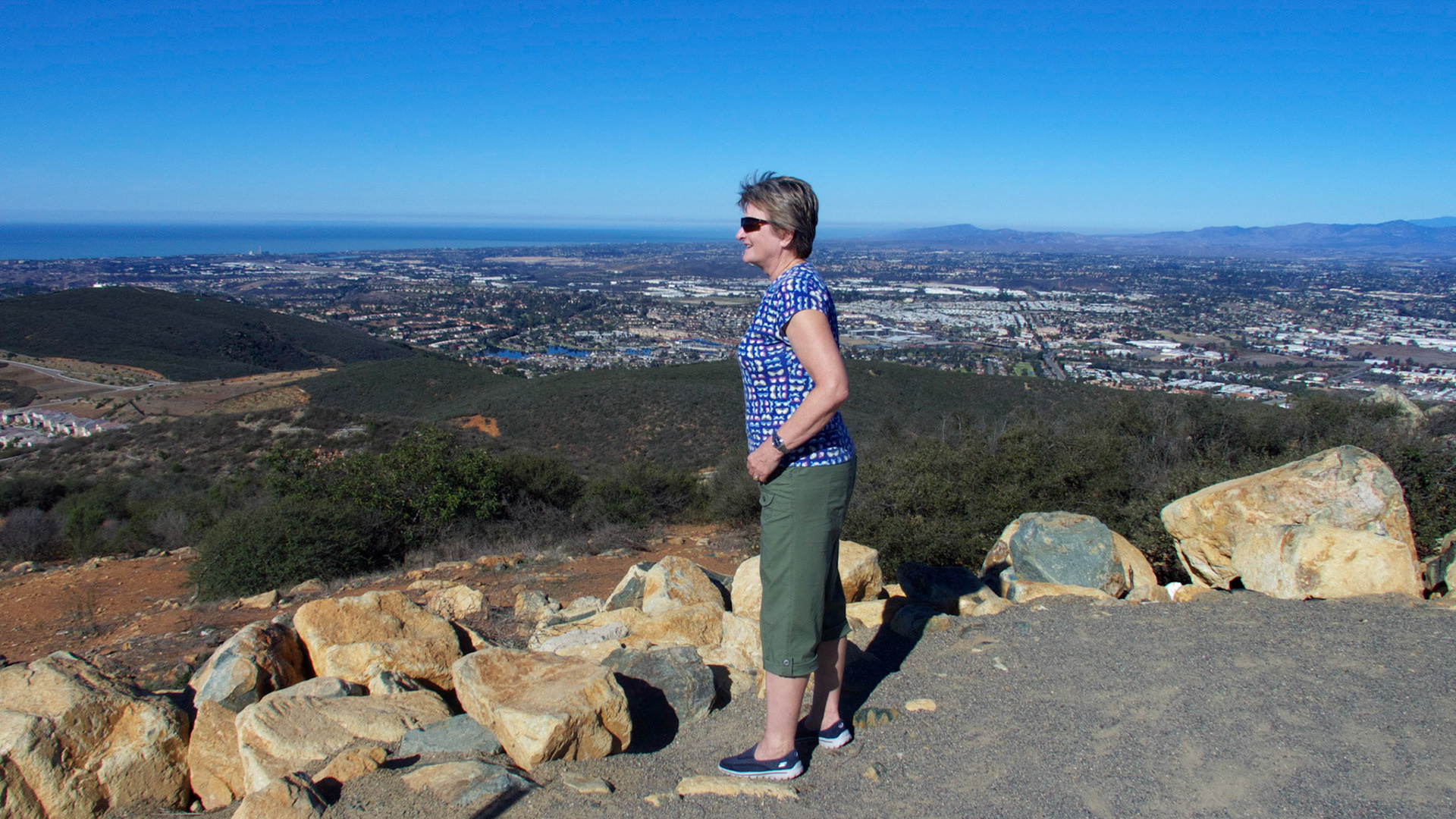 Jenny looking west from Double Peak Park, San Marcos, California.