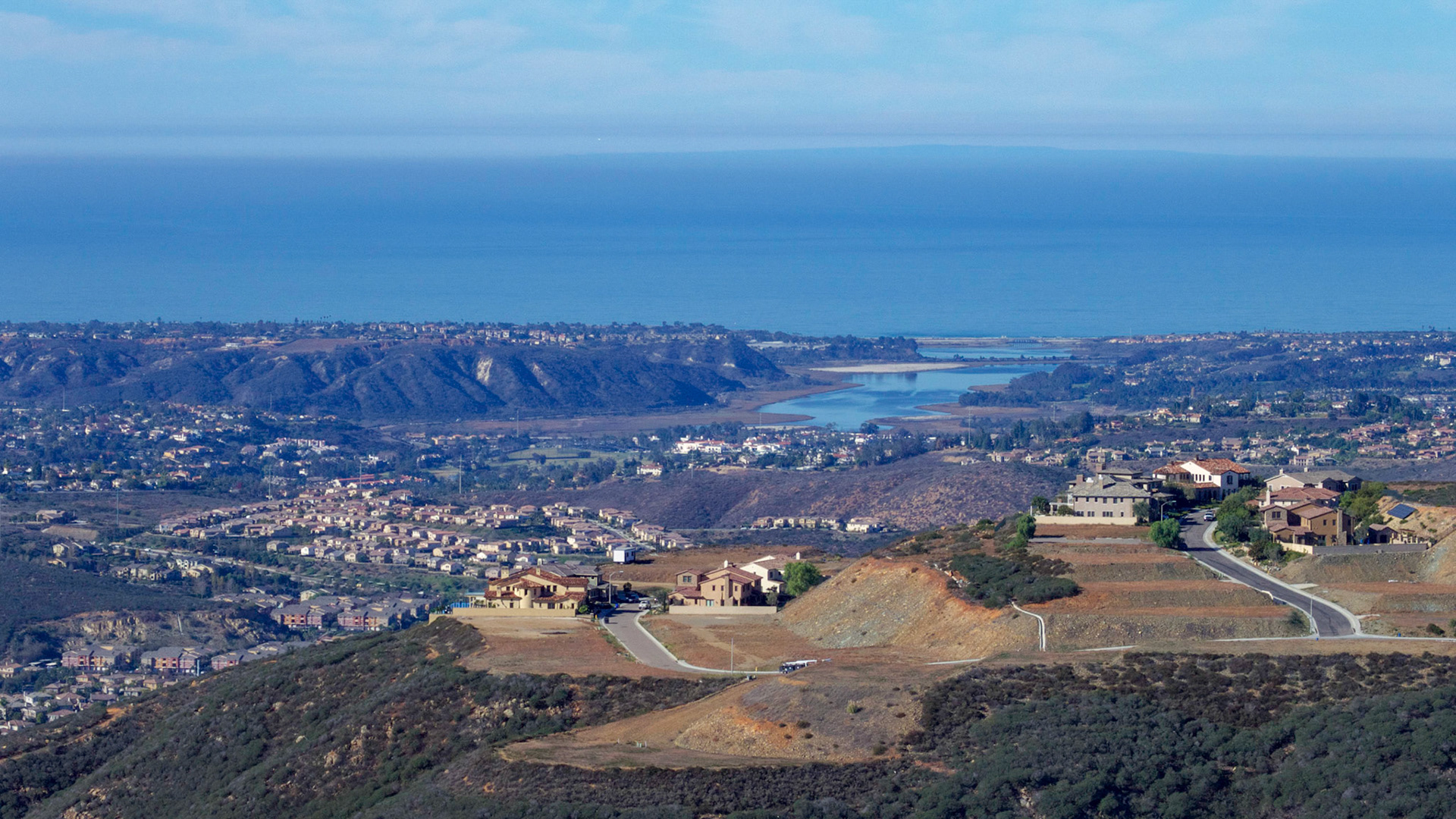 View from Double Peak Park, San Marcos, California.  Looking west over Batiquitos Lagoon to the Pacific Ocean and San Clemente Island just visible in the far distance.