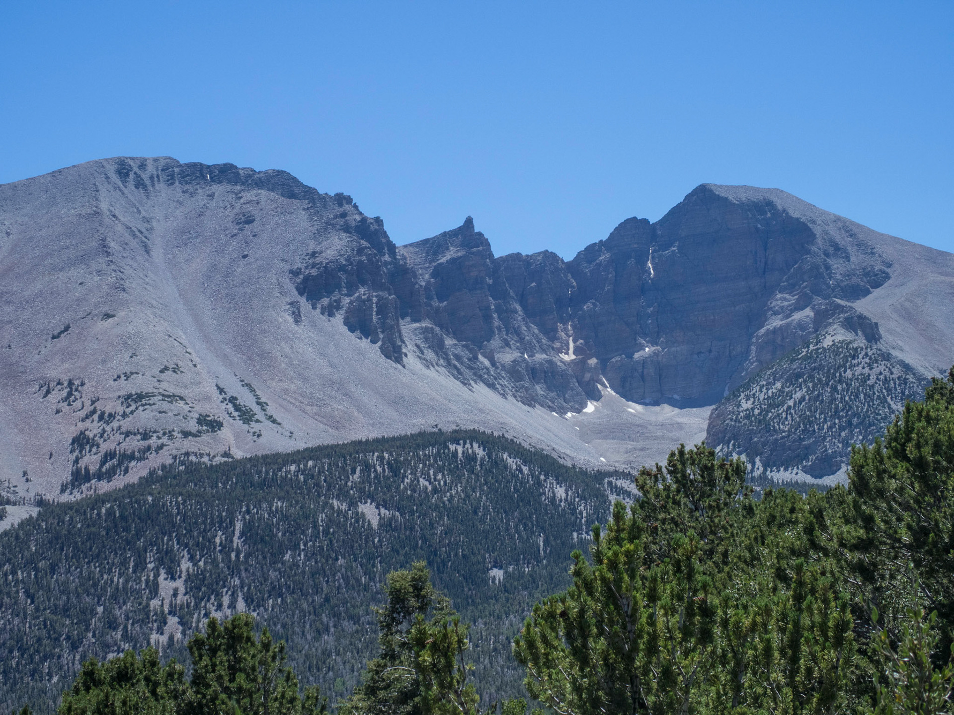 Jeff Davis Peak, Solomon's Arrow and Wheeler Peak from the Wheeler Peak Overlook, Great Basin National Park, Nevada. The corrie contains Nevada's only glacier, mostly buried by rocks but slowly moving.