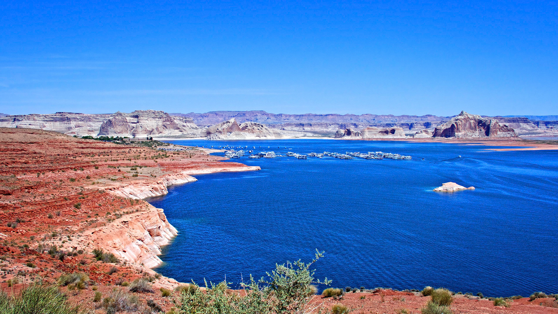 Lake Powell, with the Navajo Generating Station in the distance.
