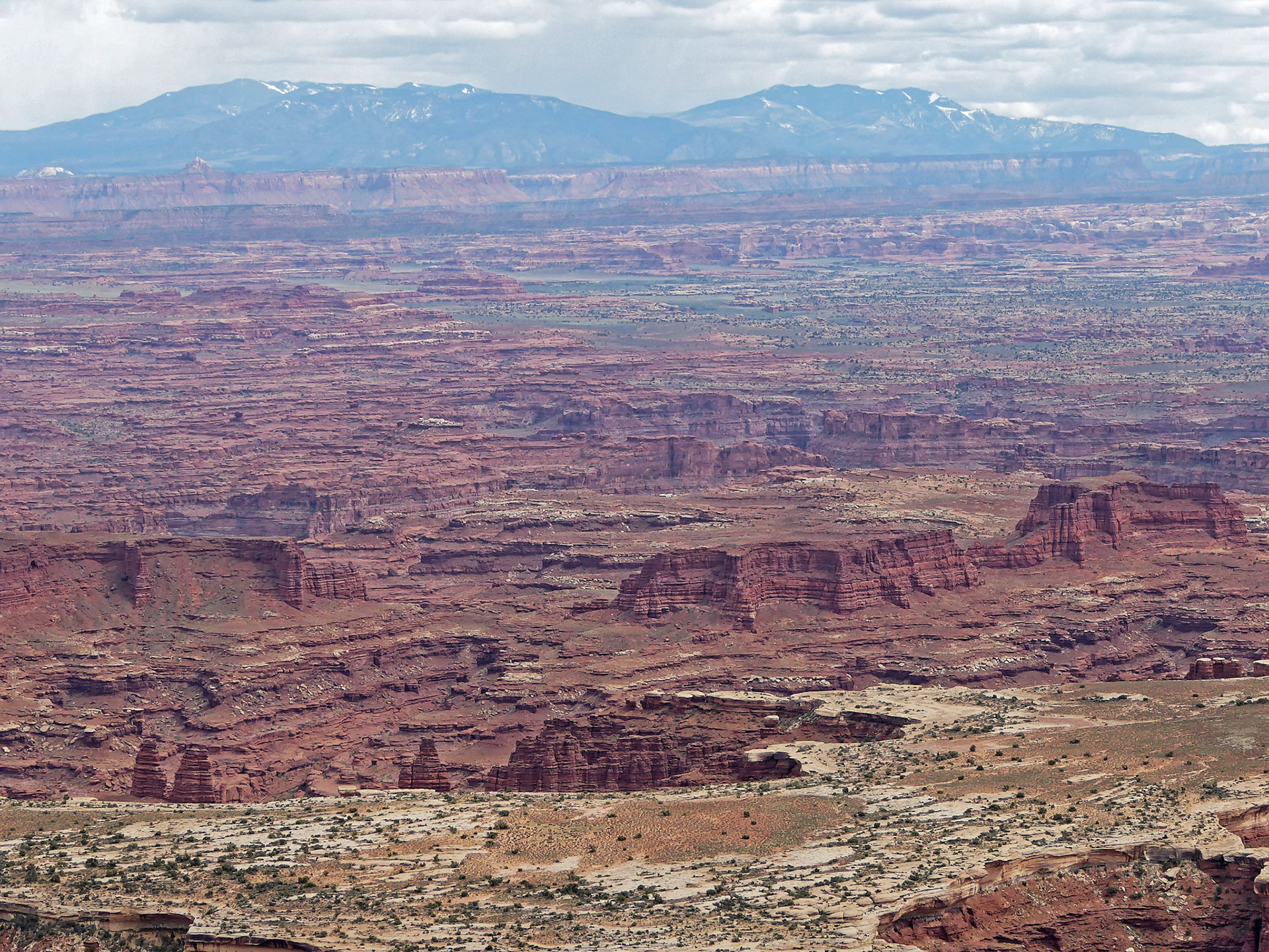 Looking south from the Grand View Point overlook, Island in the Sky, over Monument Basin to the Needles District and the Abajo Mountains beyond.