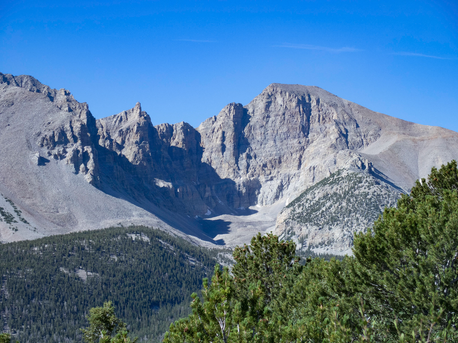 Solomon's Arrow and Wheeler Peak from the Wheeler Peak Overlook, Great Basin National Park, Nevada. The corrie contains Nevada's only glacier, mostly buried by rocks but slowly moving.