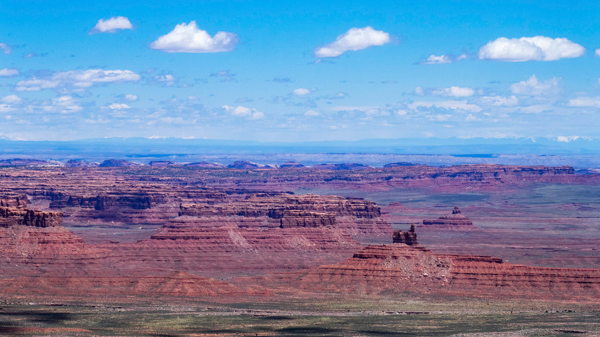 View of the Valley of the Gods and Comb Ridge from the Moki Dugway. The far snow-capped mountains are in northern New Mexico and southern Colorado.