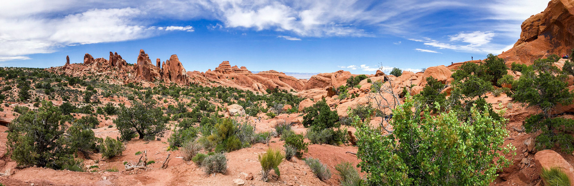 Panorama from the Primitive Tail where it joins the main Devils Garden Trail. The pinnacle on the left is the Dark Angel.