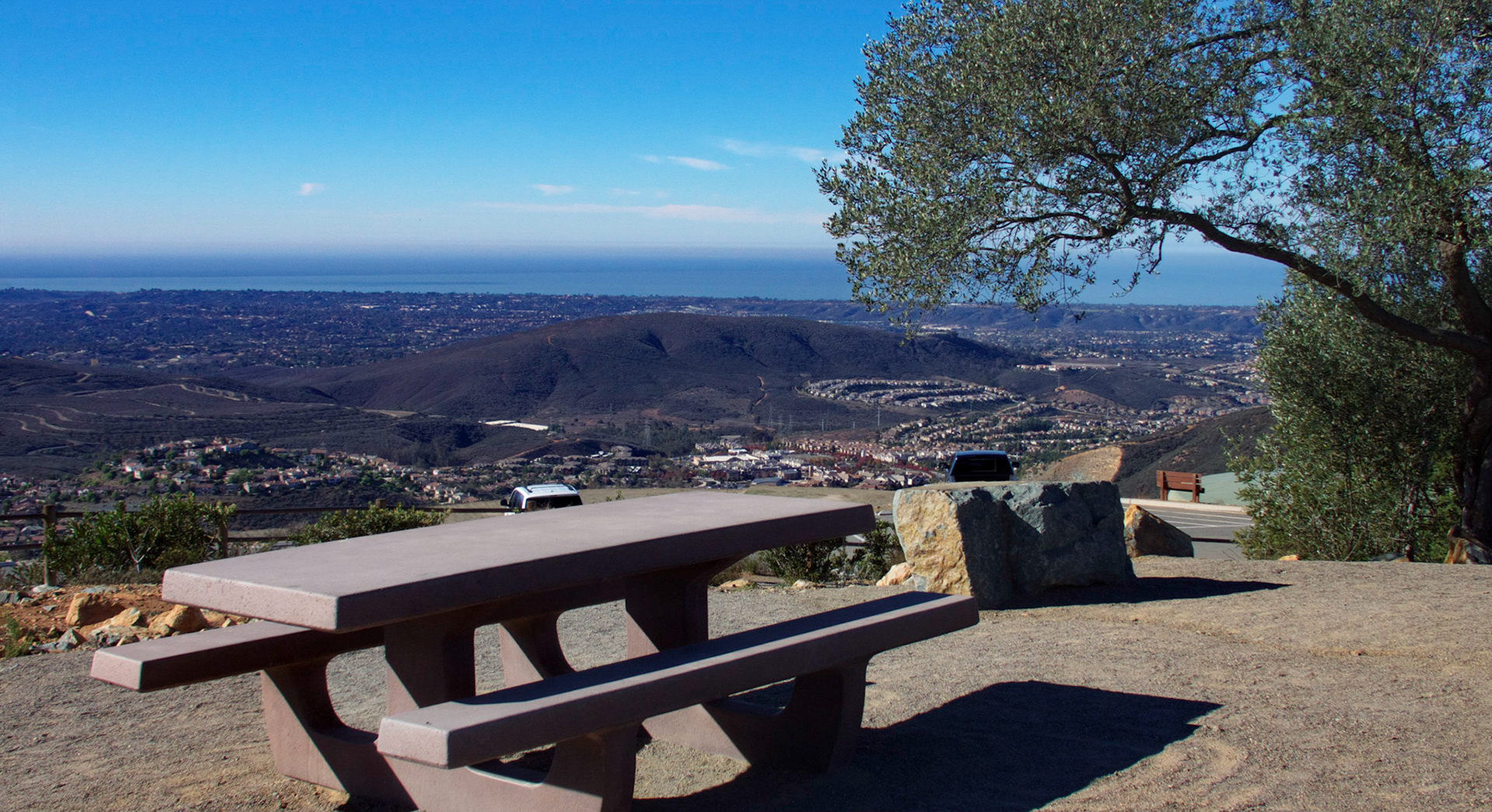View from Double Peak Park, San Marcos, California. Looking southwest to the Pacific Ocean from Cardiff to the left to Carlsbad.