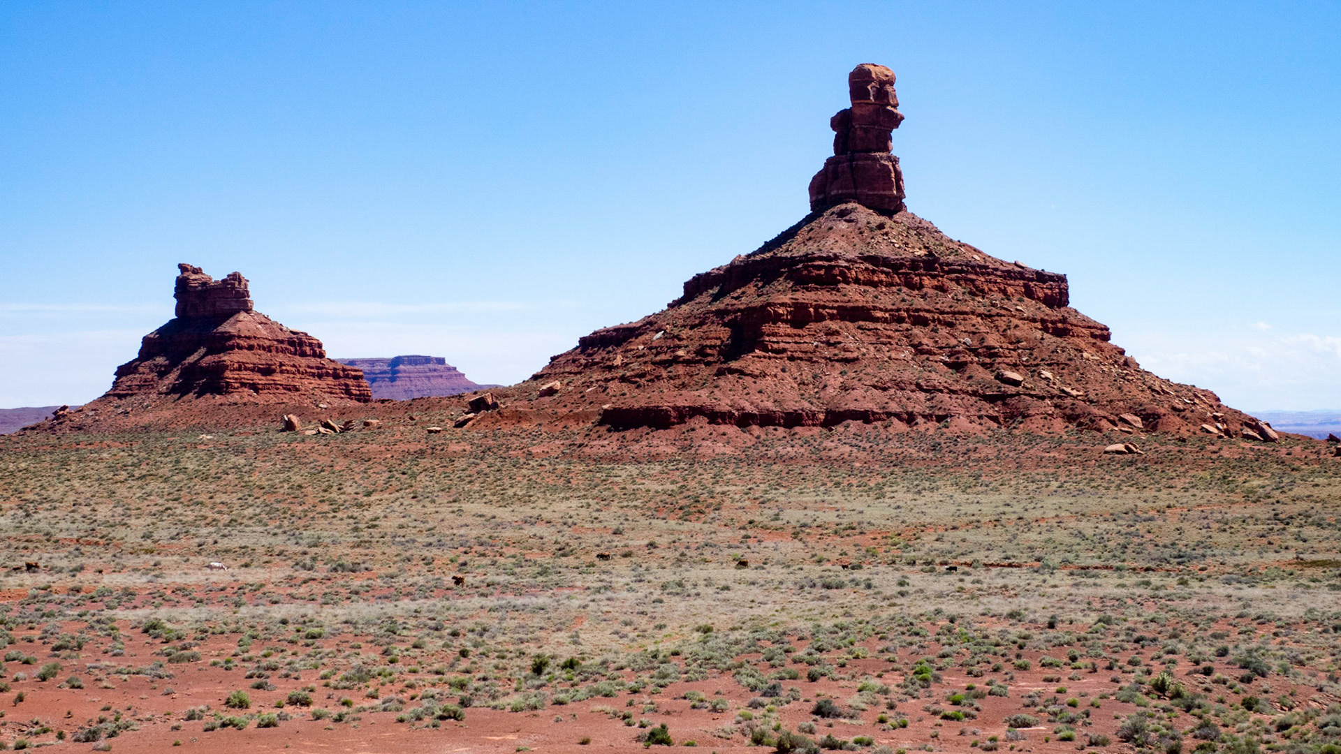 The Setting Hen and Rooster Rock in the Valley of the Gods.