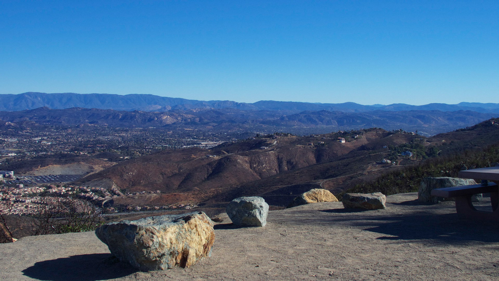 View from Double Peak Park, San Marcos, California. Looking east over San Marcos and Escondido to Palomar Mountain