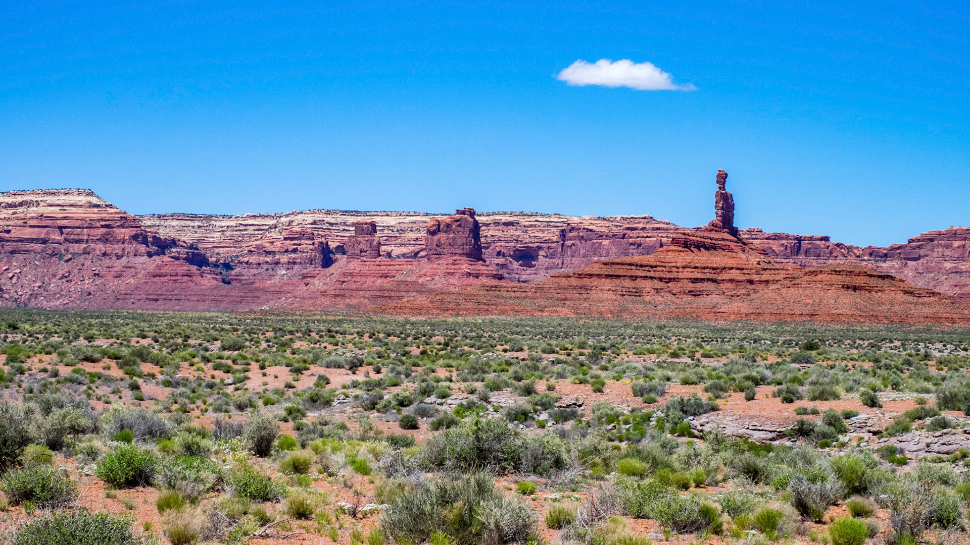 Balanced Rock in Valley of the Gods. The escarpment on the horizon is descended by SR261 at the Moki Dugway.