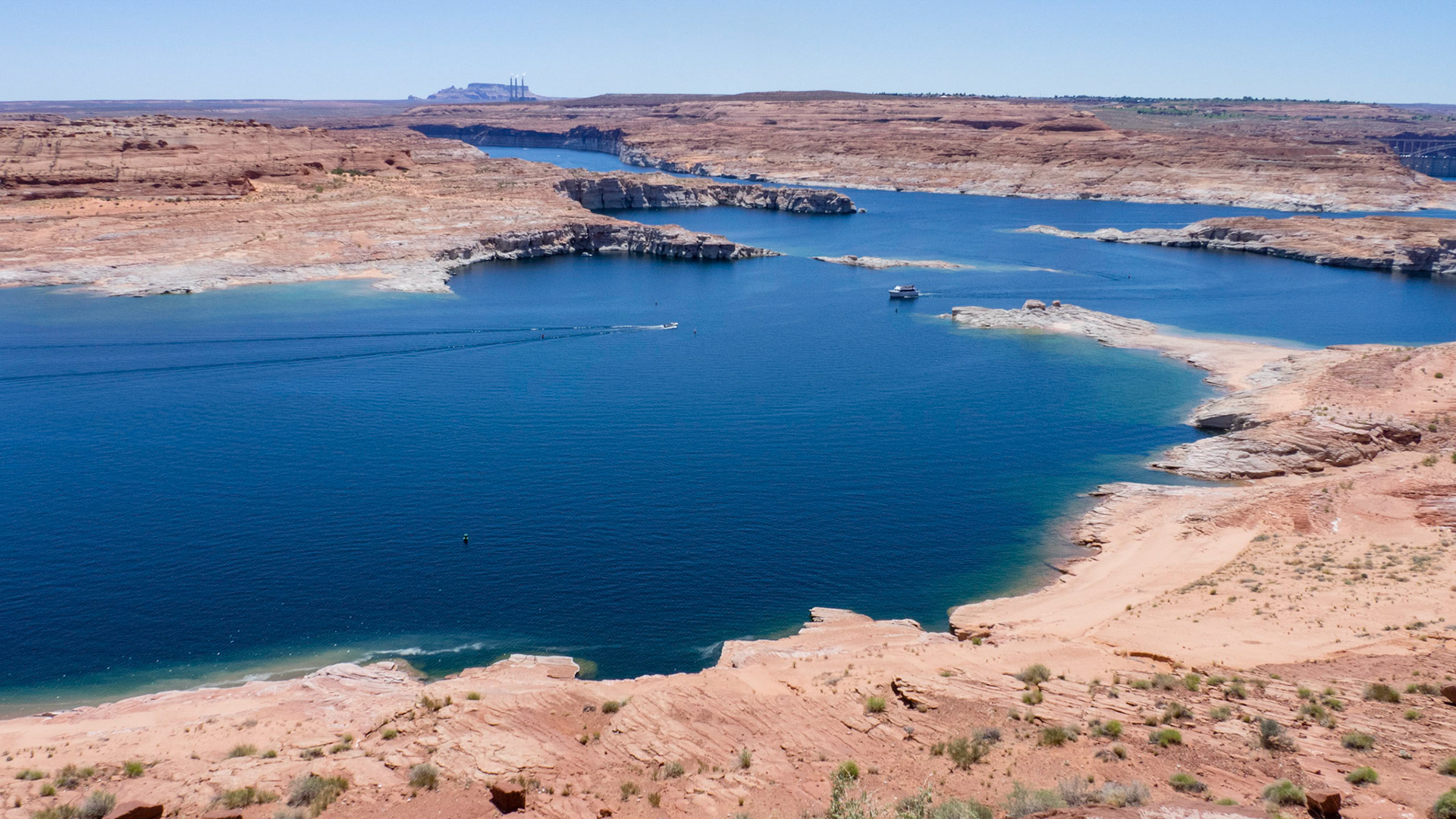 Lake Powell, with the Navajo Generating Station in the distance.