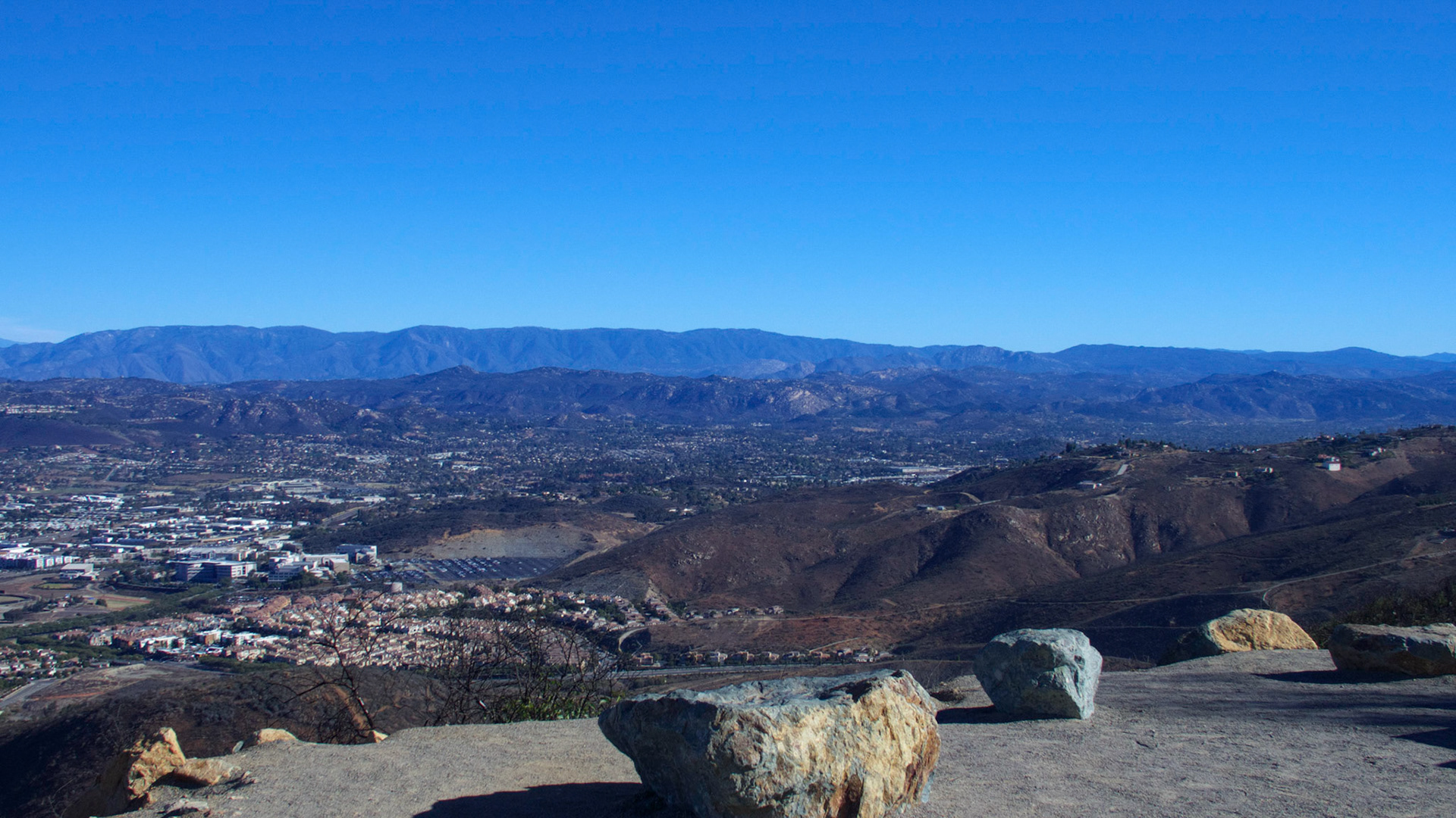 View from Double Peak Park, San Marcos, California. Looking northeast over San Marcos and Escondido to Palomar Mountain