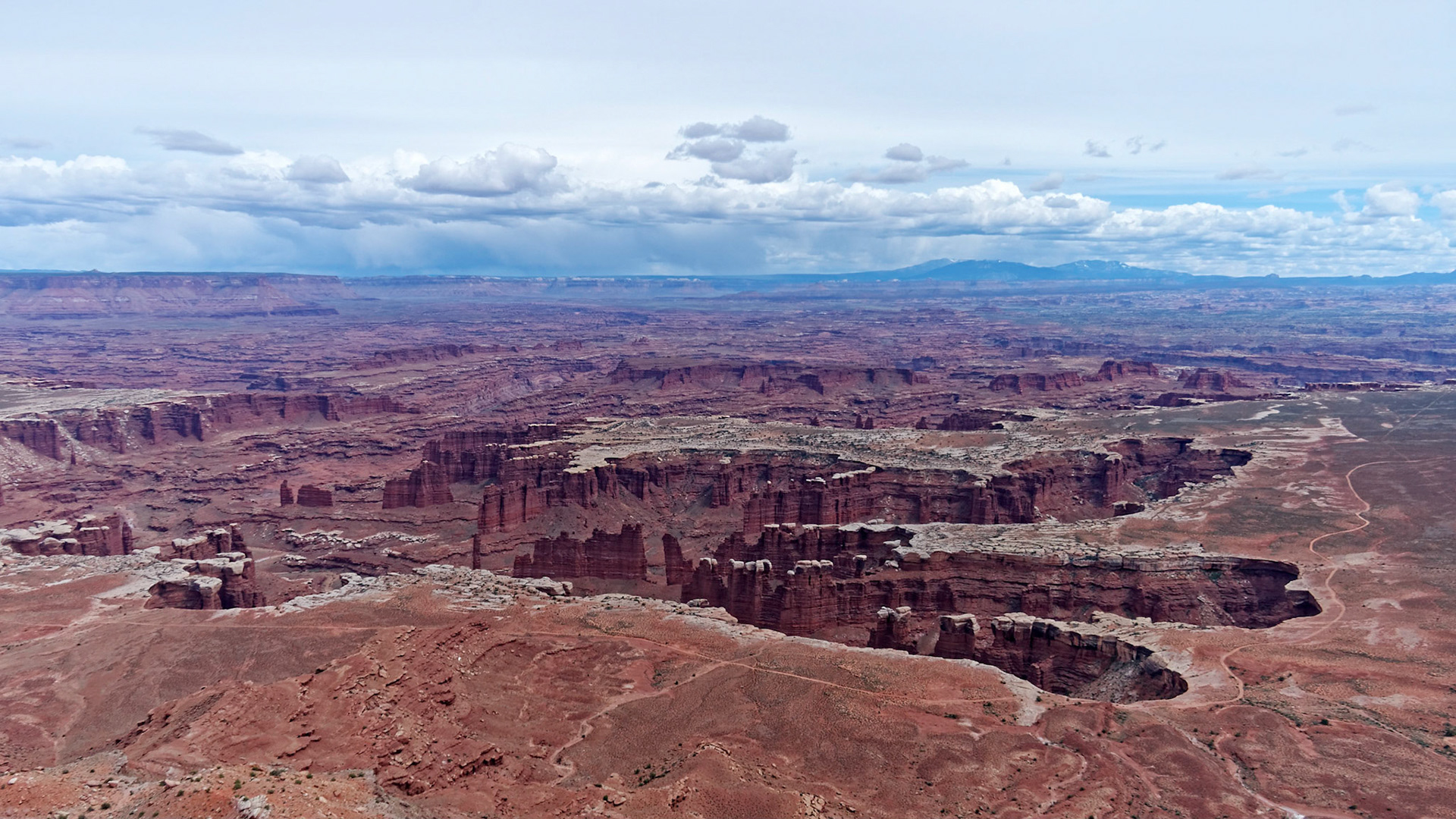 Looking south from the Grand View Point overlook, Island in the Sky, over Monument Basin to the Needles District and the Abajo Mountains beyond.