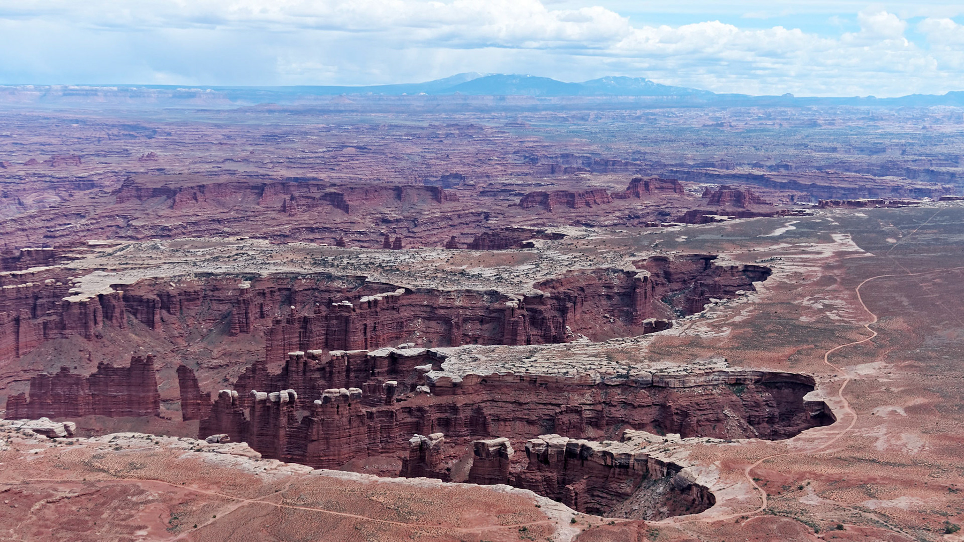 Looking south from the Grand View Point overlook, Island in the Sky, over Monument Basin to the Needles District and the Abajo Mountains beyond.