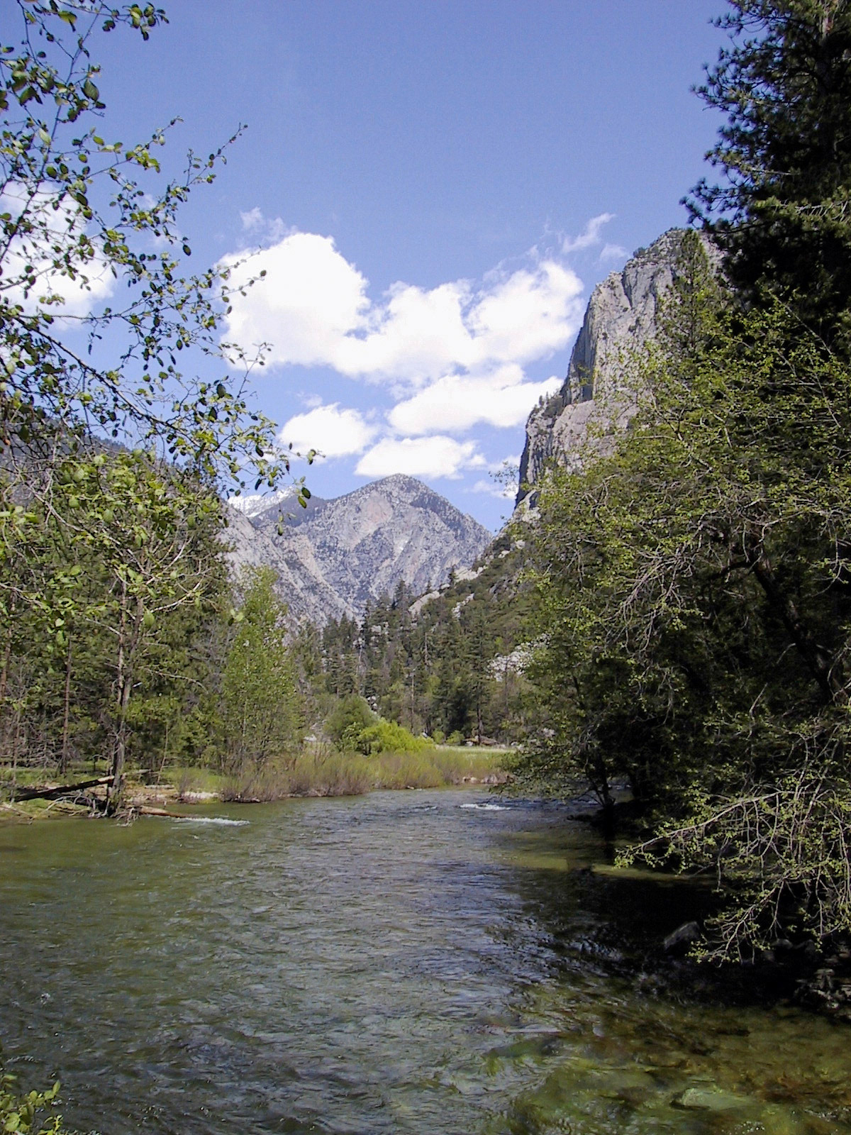 The Kings River at Zumwalt meadows. The cliff on the right is Grand Sentinel (8518ft, 2596m).