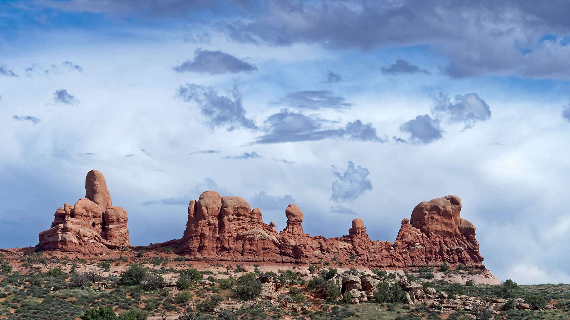 Rock formations near the Windows Section of Arches National Park. The pinnacle to the left is the "turret" of Turret Arch.