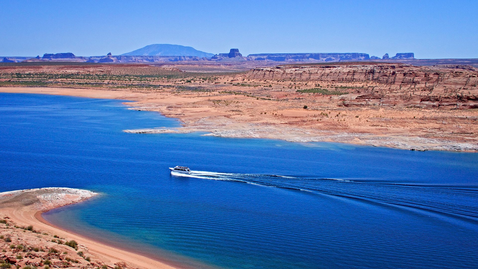 Lake Powell, with the Navajo Generating Station in the distance.