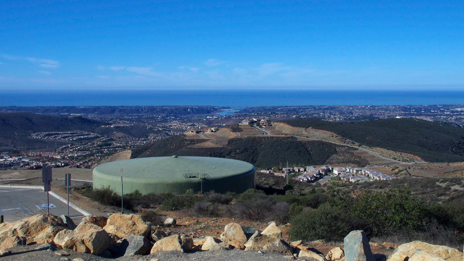 View from Double Peak Park, San Marcos, California, looking west to Batiquitos Lagoon and the Pacific Ocean.