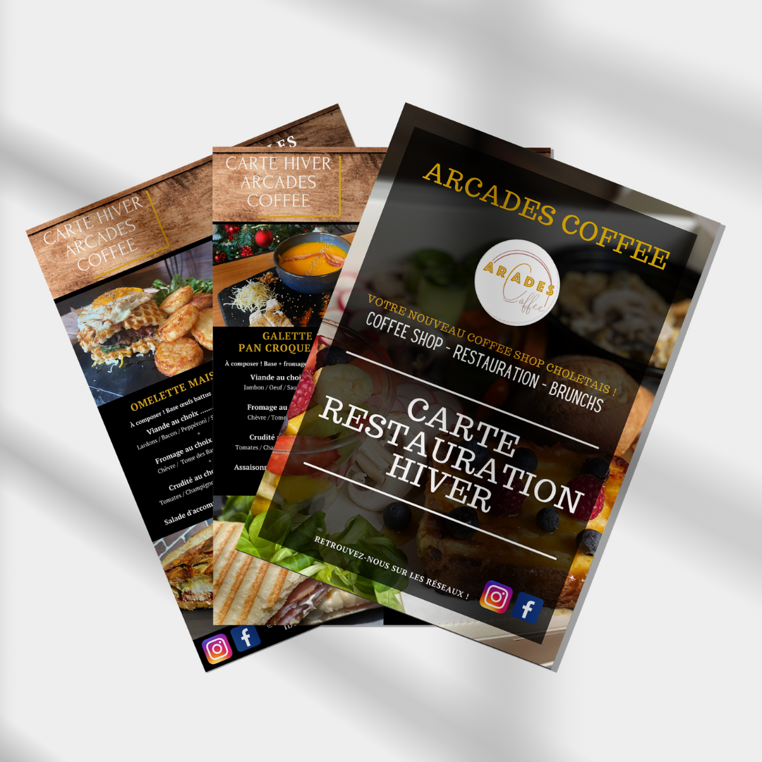 Cartes de restauration pour l'Arcades Coffee