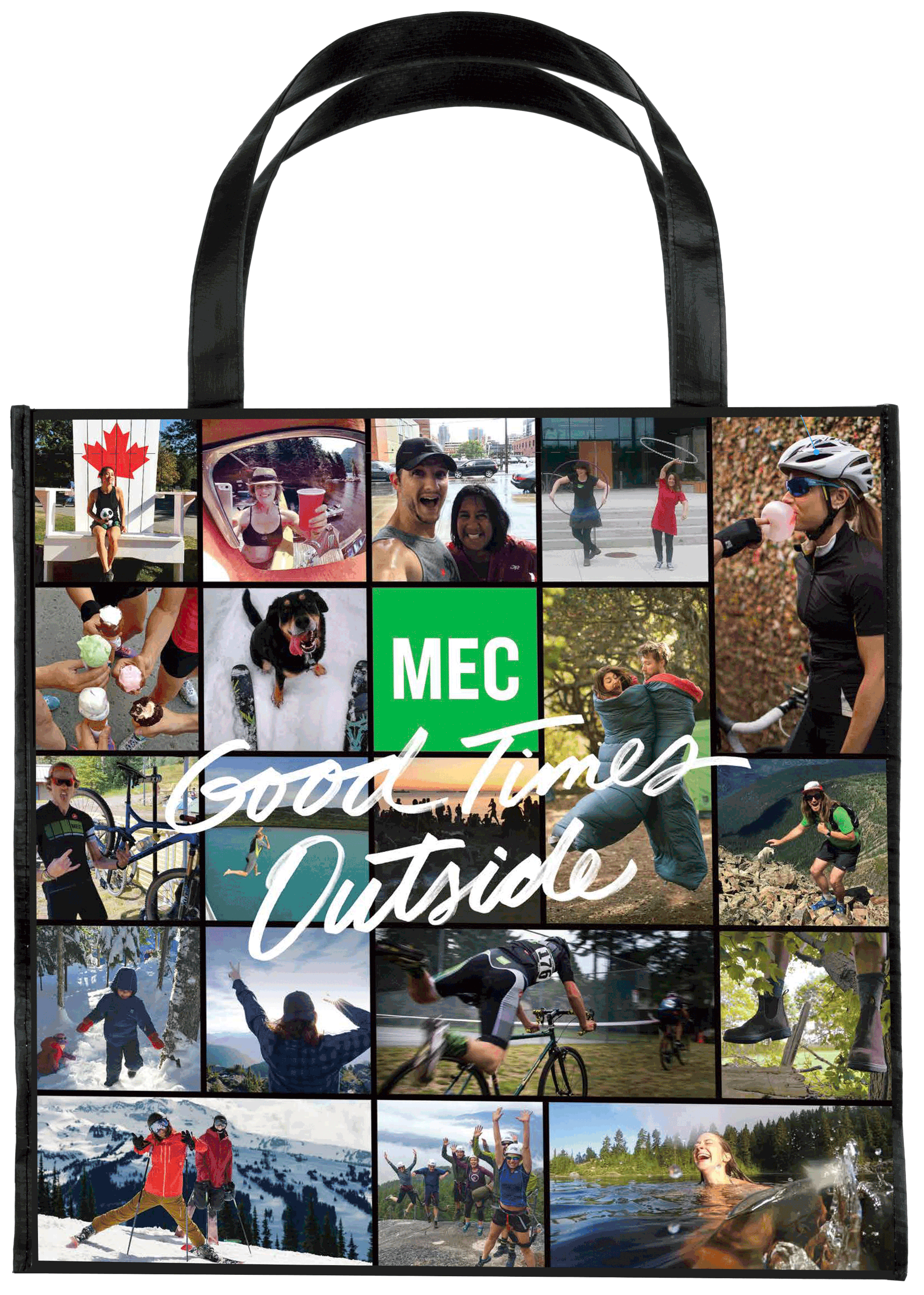 Good Times Outside, reusable shopping bag made with 85% post-consumer recycled content