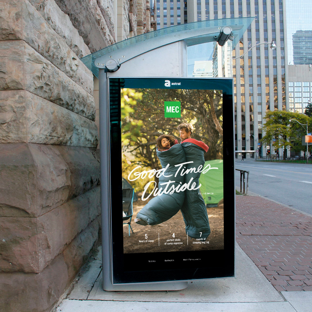 Good Times Outside campaign, camping transit shelter ad