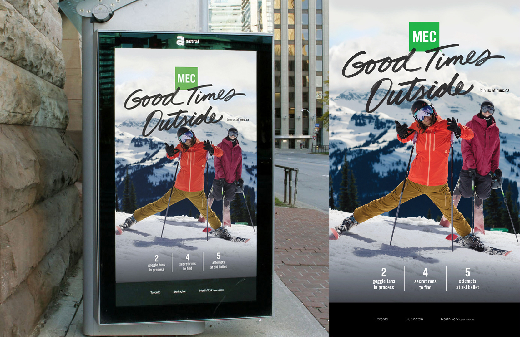 Good Times Outside campaign, skiing transit shelter ad