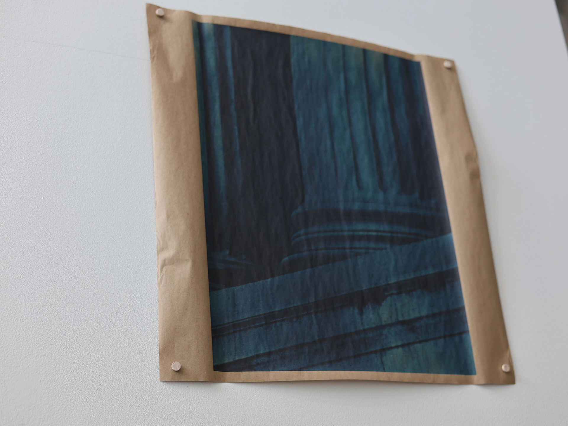 "Blue" column, cyanotype printed on brown craft paper